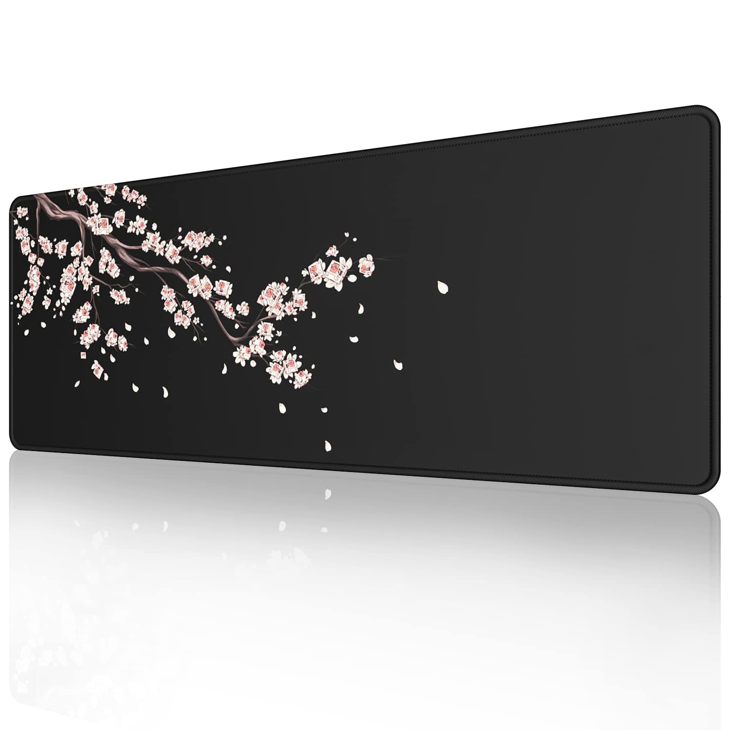 Japanese Plum Blossoms Black Mouse Pad (31.5 × 11.8 × 0.12 inch) Extended Large Mouse Mat Desk Pad, Stitched Edges Mousepad,Non-Slip Rubber Base,Gaming Mouse Pad XL.