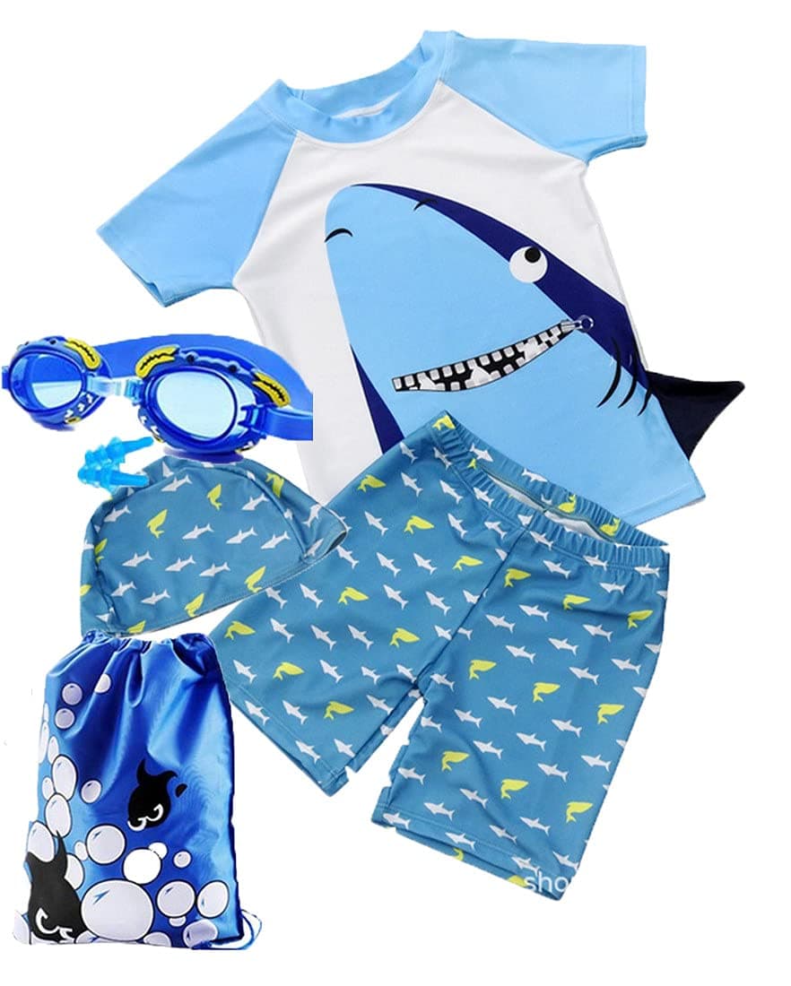 MonvecleLittle Boys' 7-Pieces Short Sleeve Rash Guard Swimsuit Set with Swim Cap UPF 50+ Yellow 7-8y