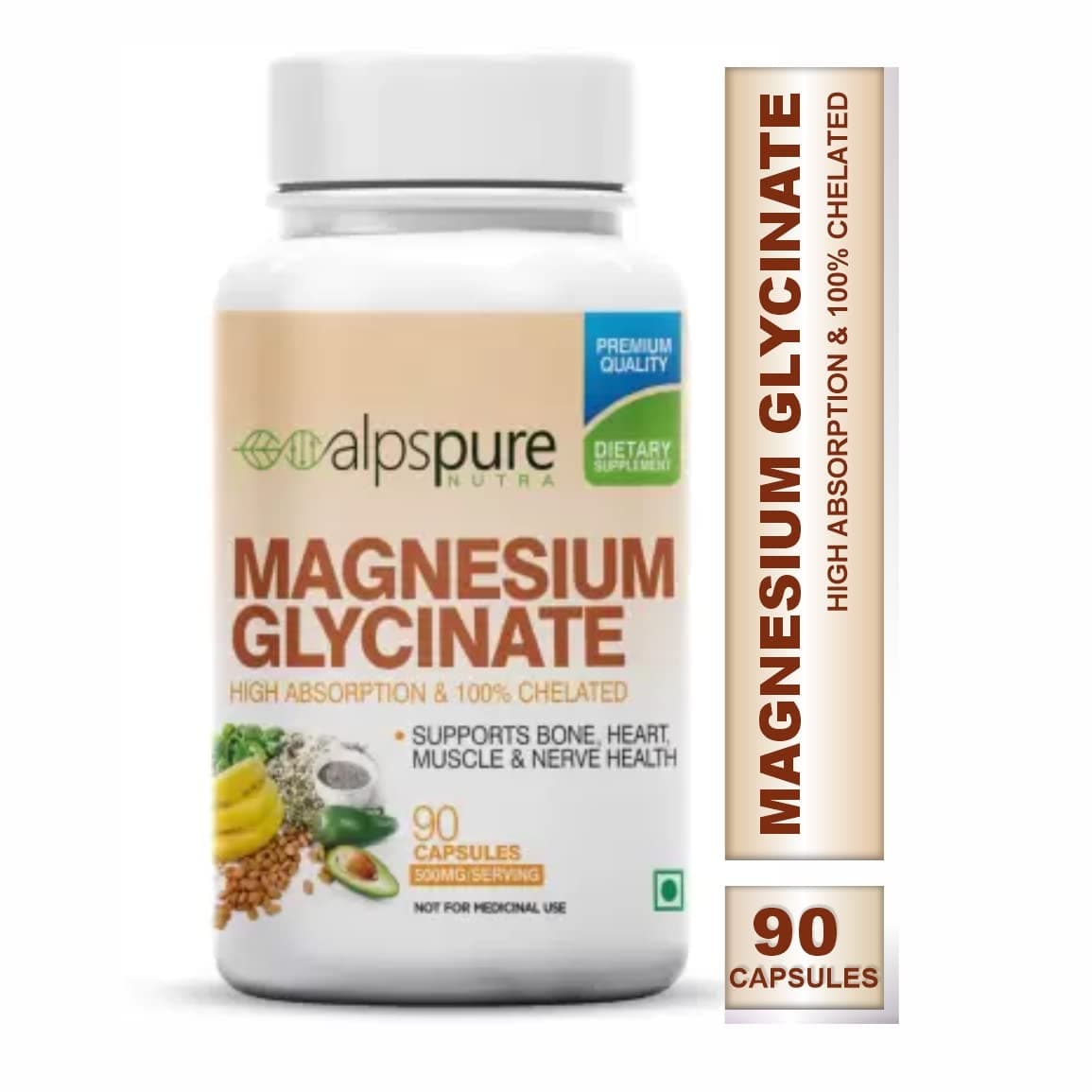 Alpspure Nutra Magnesium Glycinate | 90 Capsules | Better Sleep Quality | Improves Muscle & Nerve Function | Magnesium Supplement | Healthy Bones