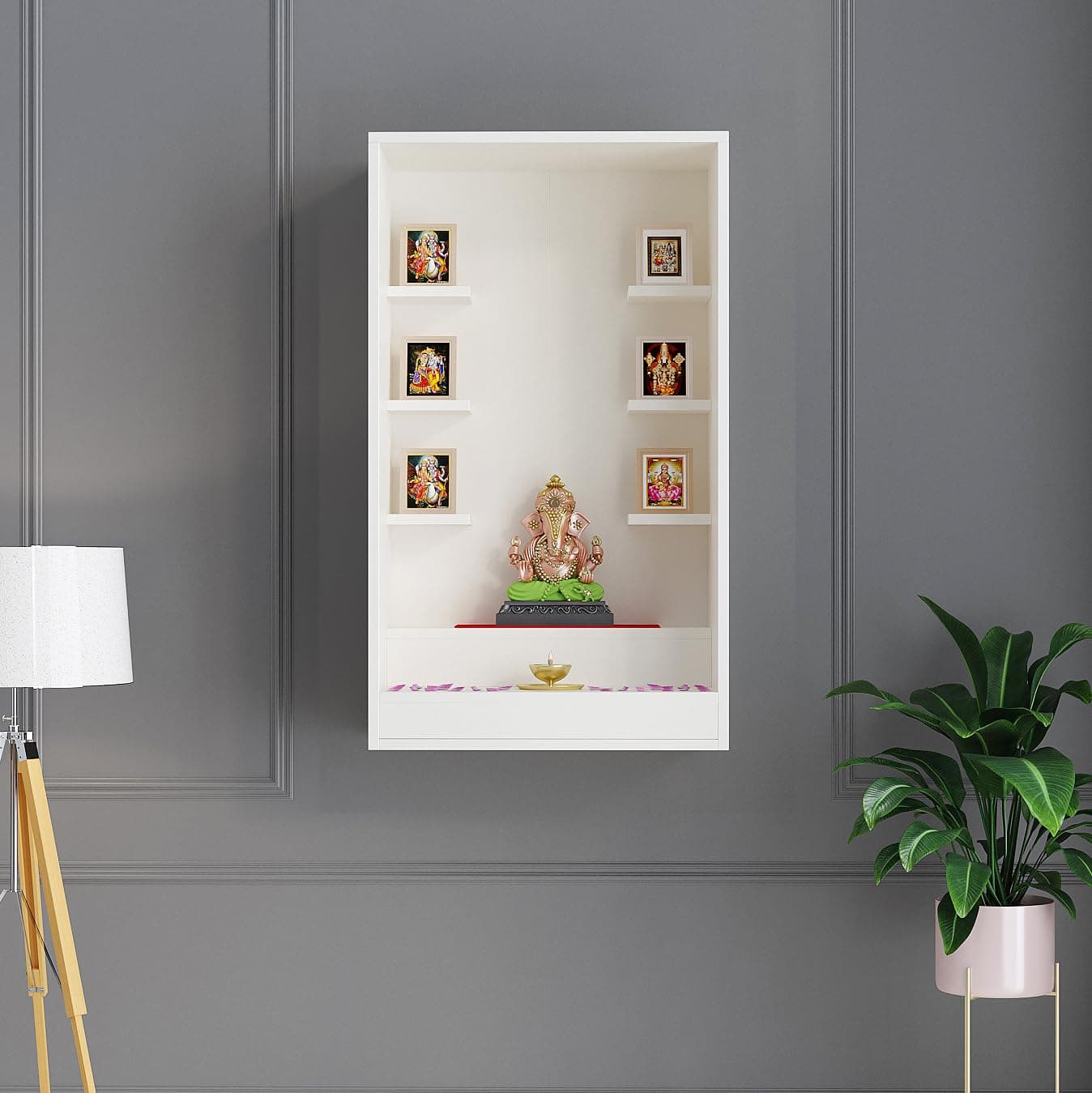 FURNEASER Ketki Wall Mounted Wooden Pooja Mandir for Home | Compact Temple Unit with Shelves for Idols & Frames | Engineered Wood in Frosty White Finish | 85x50x28 cm