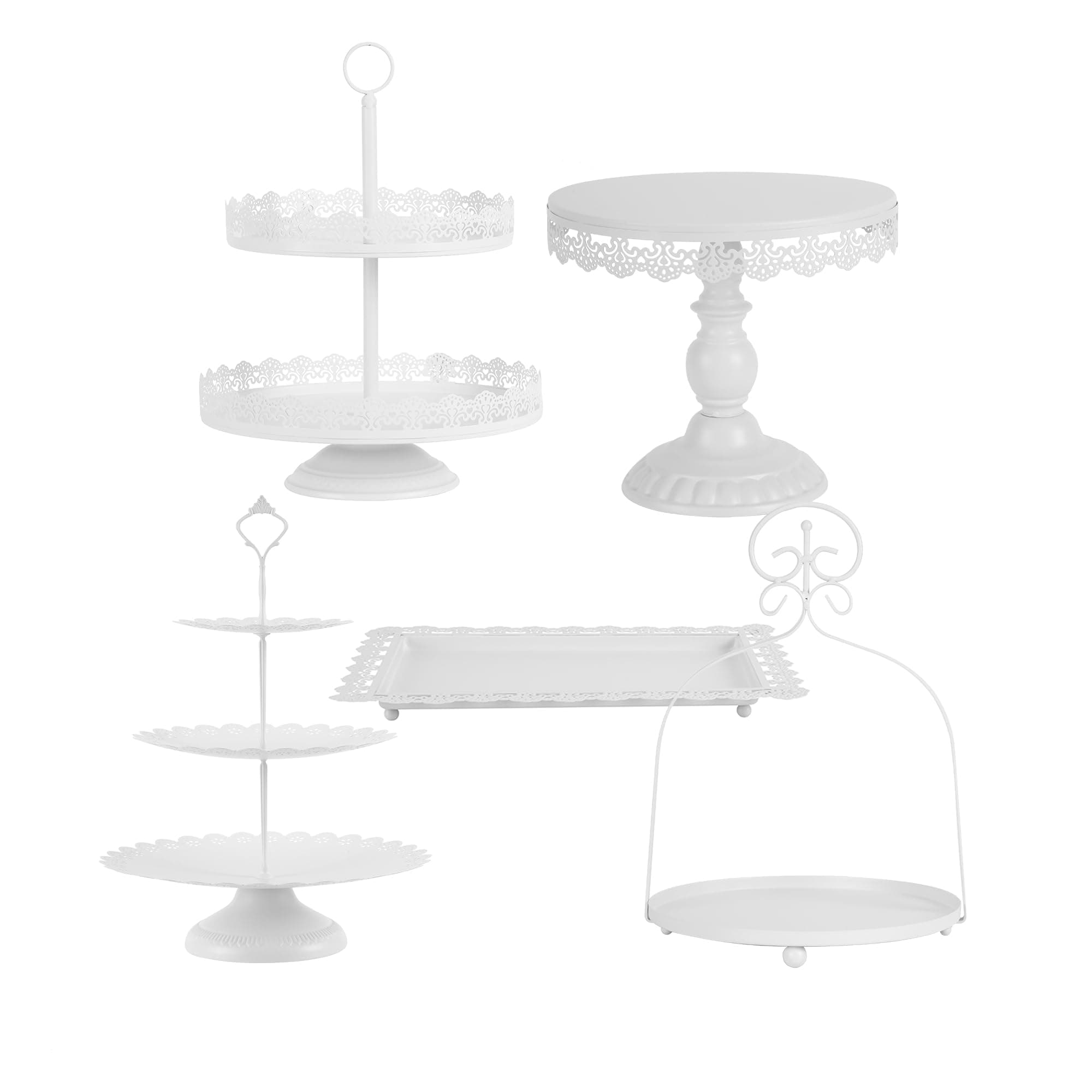 ZUMELER5Pcs White Cake Stands Set Metal Cupcake Holder Cookies Dessert Display Plate Serving Tower Tray Platter with Handl for Baby Shower Wedding Birthday Party Celebration