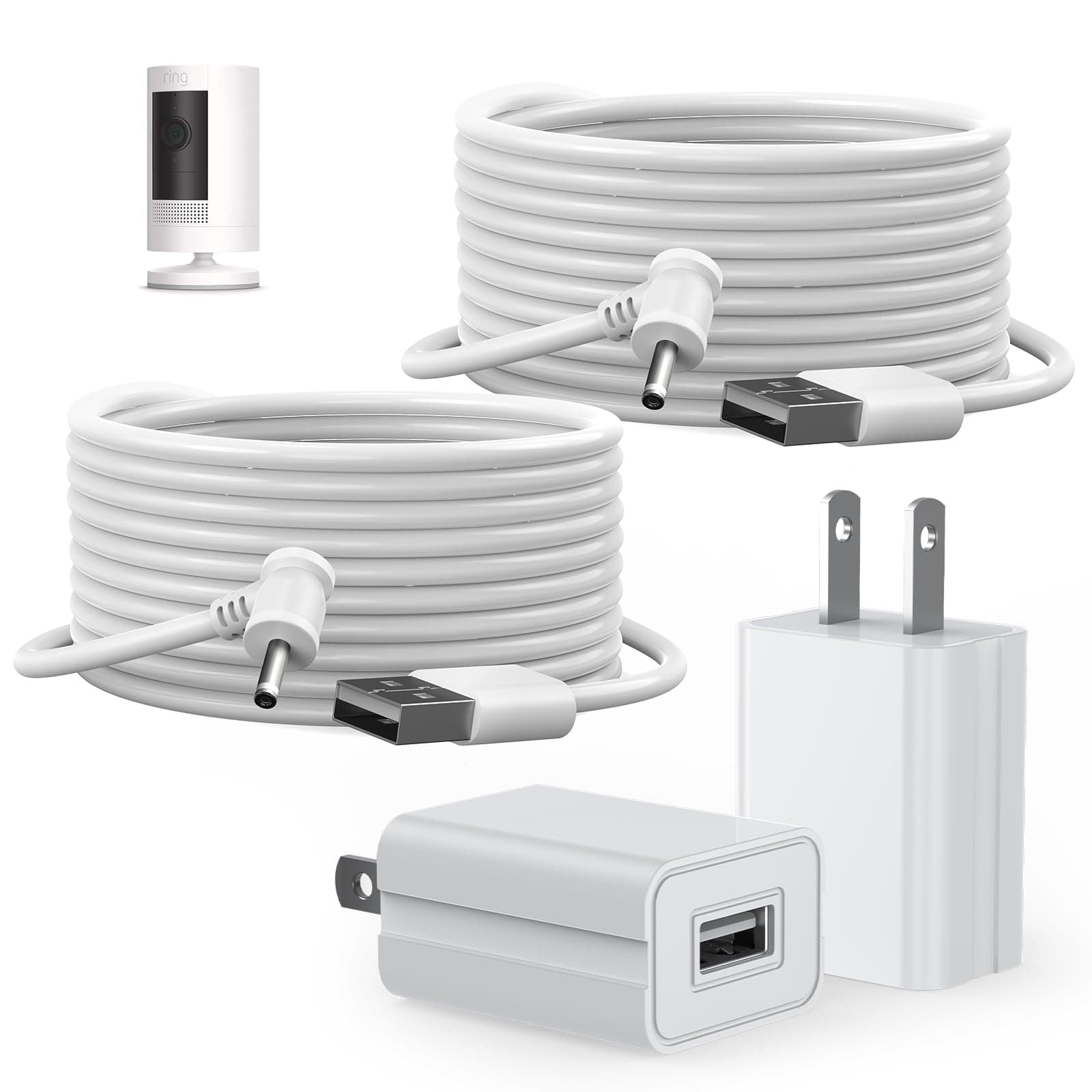 Ayotu 2 Pack 16ft/5m Charge Cable for Ring Stick Up Cam Battery/Plug-in 3rd Gen/2nd Gen, Power Adapter Continuous Charging with Weatherproof Cord(NO Camera), White