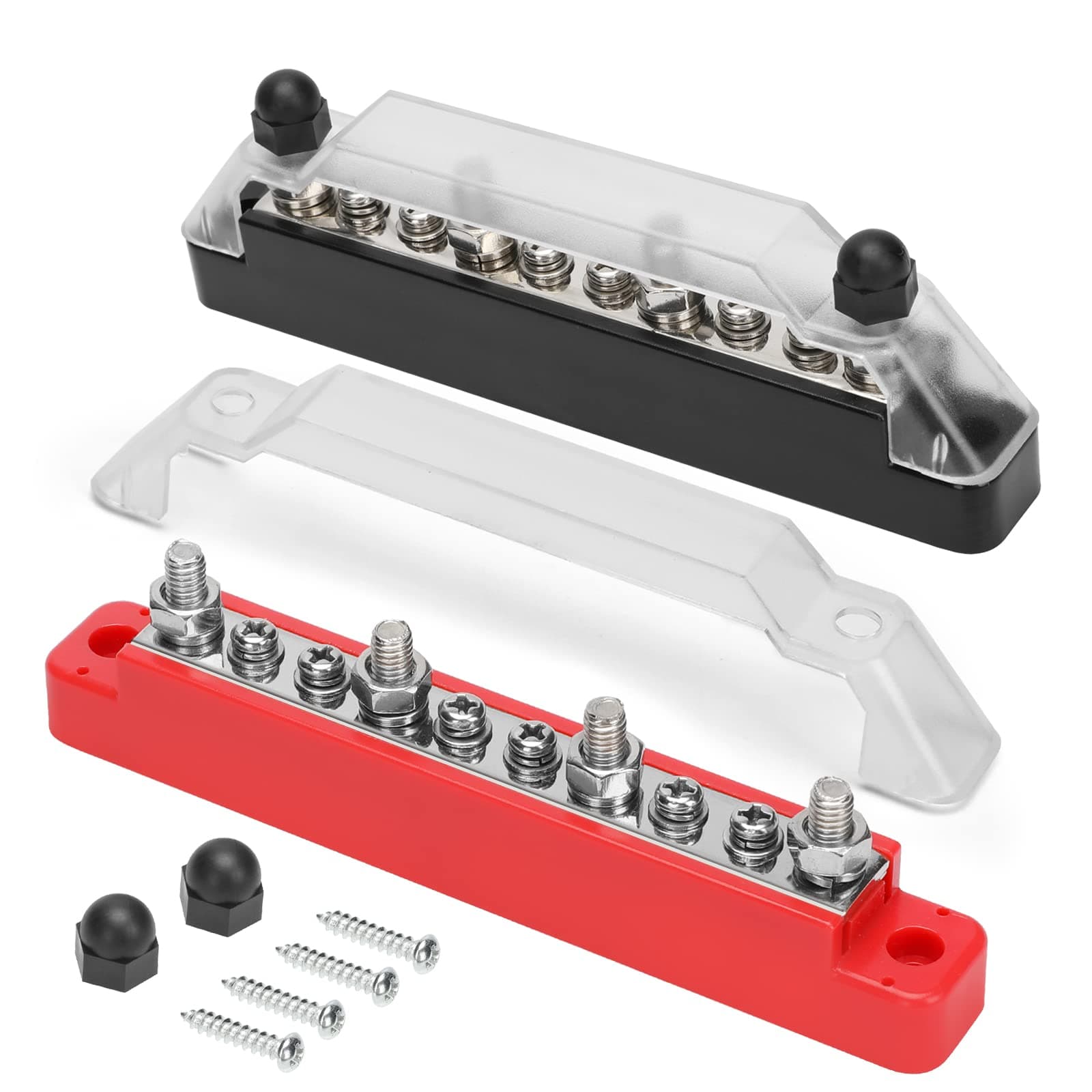 MOFEEZ Bus Bar Power Distribution Block with Cover, 4x1/4 Posts, 6X#8 Screws Terminals, 130A 300VAC/150A 48VDC for Marine, Automotive, and Solar Wiring