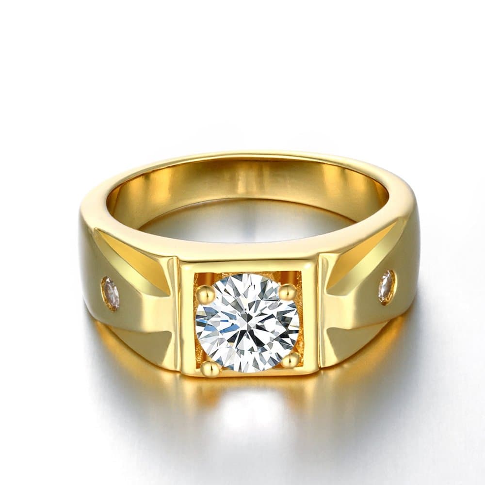 YiLinger Generous Men Jewelry Gold Plated Rectangle Pattern Cubic Zirconia Wide Band Rings 10