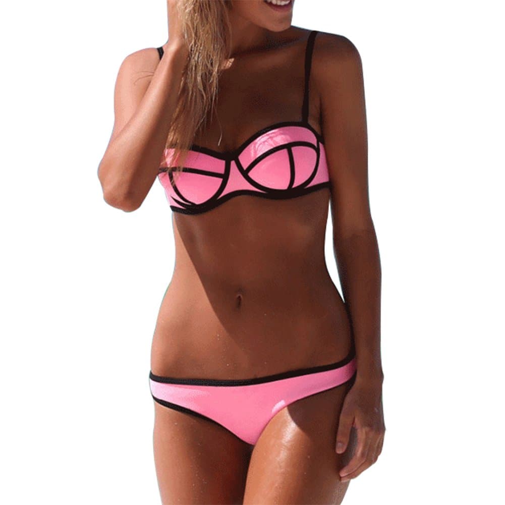 Womens 2016 Summer Sexy Neoprene Swimwear Push Up Bikini Set 2PCS Swimsuit(L,Pink)