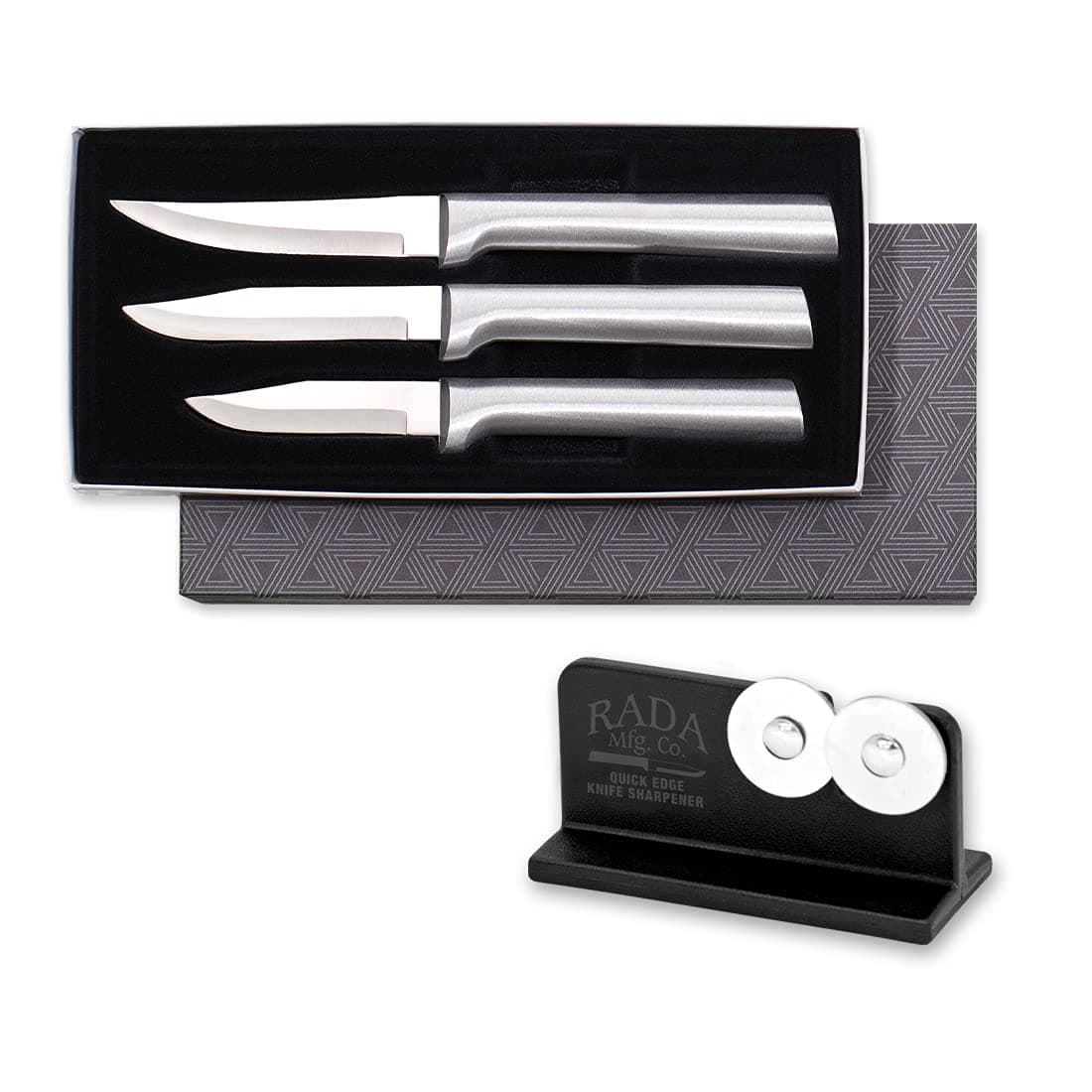 Cutlery Paring Knife Galore Gift Set (S01) with Quick Edge Sharpener (R119), 3-Piece Knife Set and Knife Sharpener, Stainless Steel Blades, Made in USA, Silver Handles