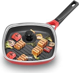 Hawkins 26 cm Grill Pan, Non Stick Die Cast Grilling Pan with Glass Lid, Square Grill Pan for Gas Stove, Ceramic Coated Pan, Red (IGP26G)