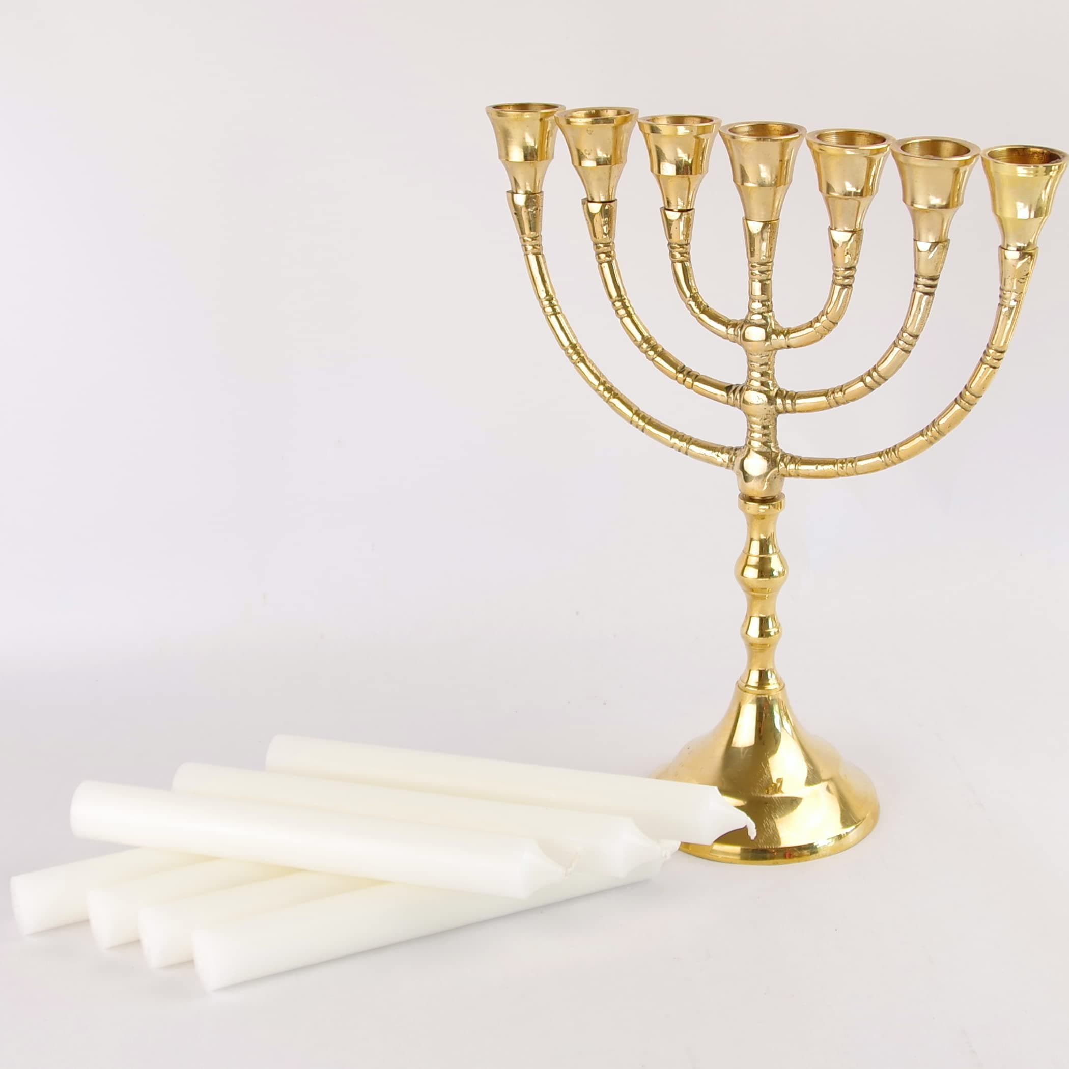 "Light up Your Home with Tradition and Elegance: The Menorah 10 Inch Gold with 7 White Candles - A Beautiful and Authentic Replica of the Ancient Jewish Temple Menorah