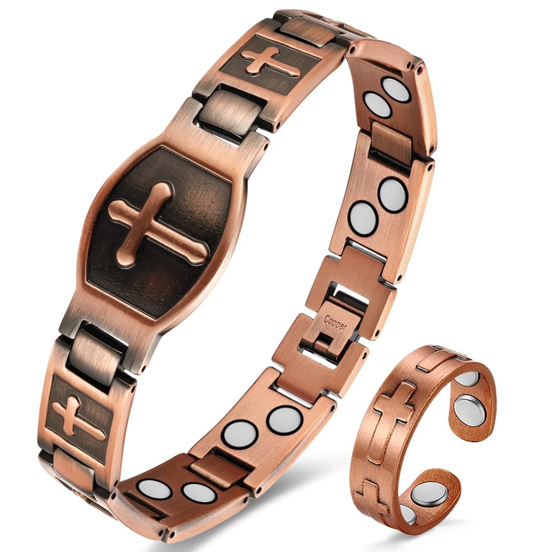 Copper Bracelet for Men Double Row Ultra Strength Magnets Pure Copper Magnetic Bracelet & Ring with Adjustable Sizing Tool (Cross)