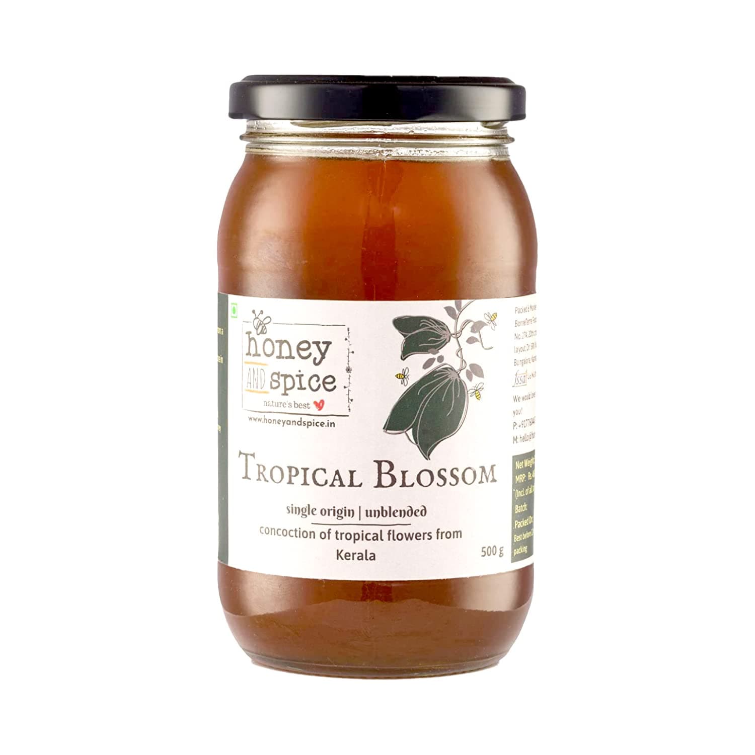 Honey and Spice Tropical Blossom Honey (500g) | 100% Raw Natural Honey | From the Plantations of Kerala Made by Apis Cerana Bees With No Added Preservatives | 100% Raw and Pure | Unblended and Unpasteurized | Natural and Original | Unprocessed | No Added Sugar | FDA certified