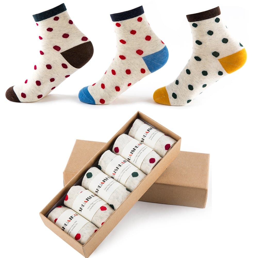 Womens Combed Cotton Socks Casual Ankle Socks Dots Crew socks (6 Pack in Giftbox)