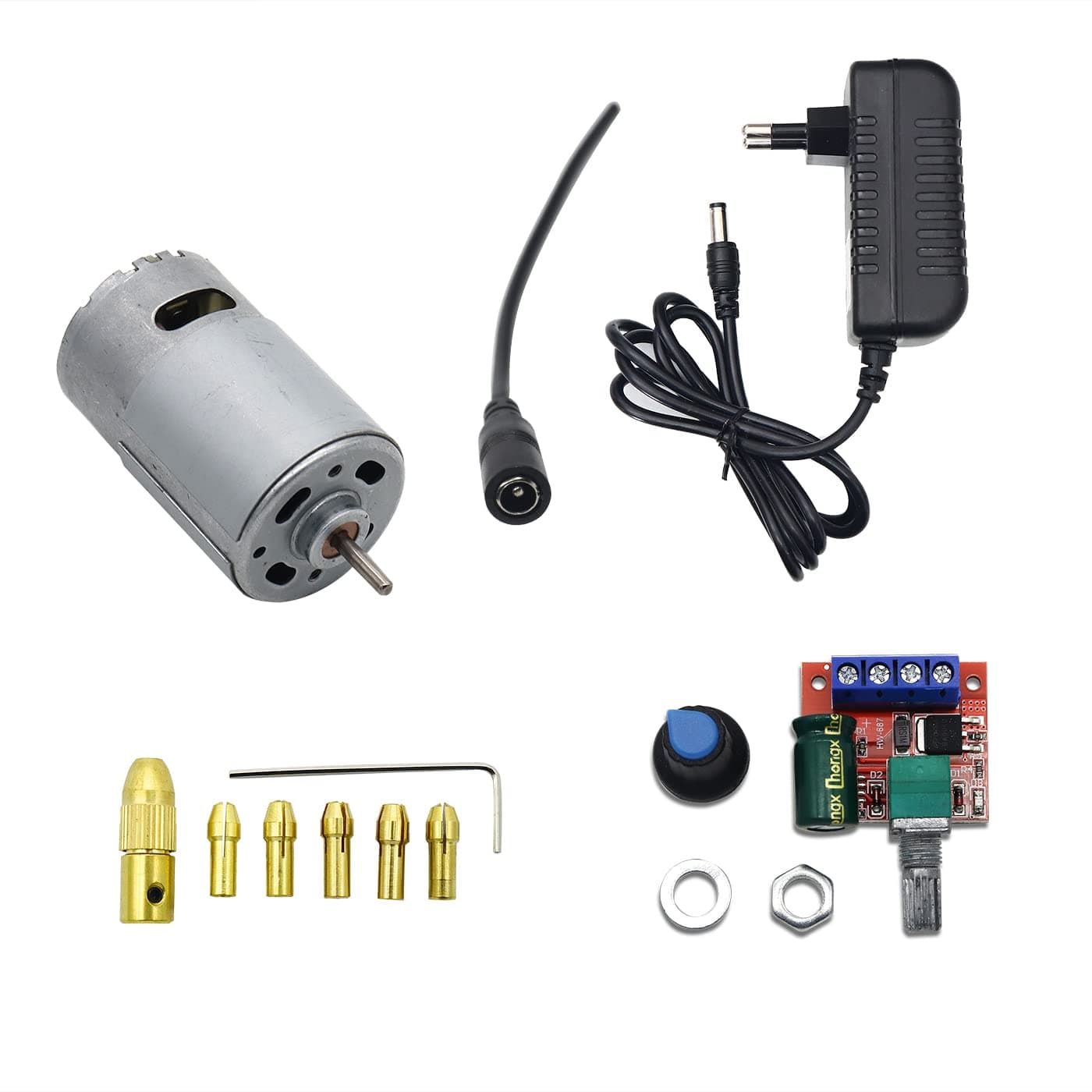 Electronic Spices 12v Dc Rs-555 Brushed Motor Combo 4.5v To 35v Dc Pwm Speed Controller With Drill Chuck Set Drill 7pcs And 12v 1amp Adapter Or Dc Pin