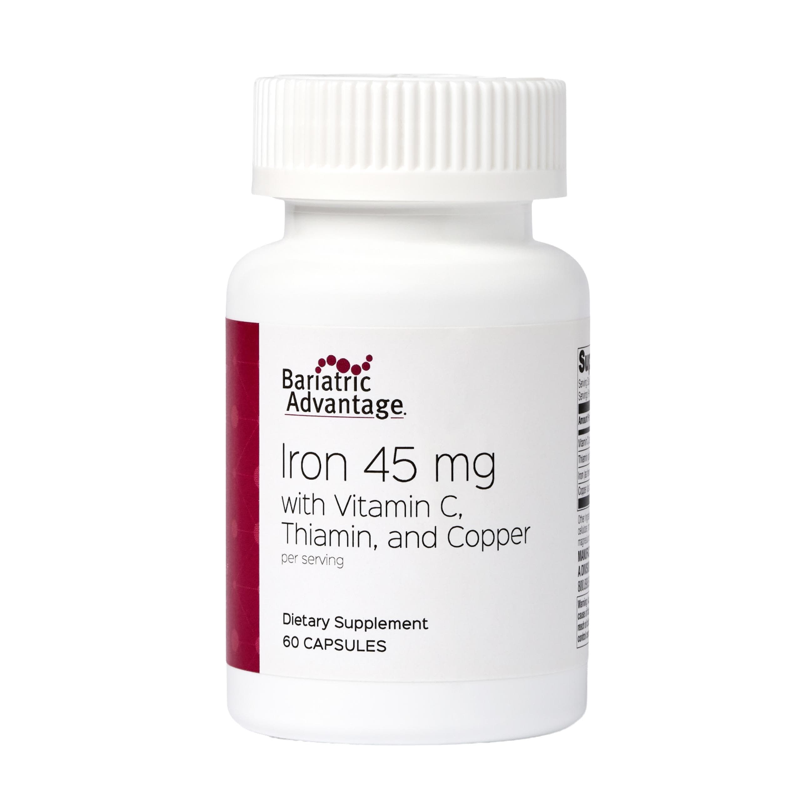 Iron 45 mg with Vitamin C, Thiamin & Copper - Increased Absorption and Utilization - Easily Digestible for Bariatric Patients - 60 Count