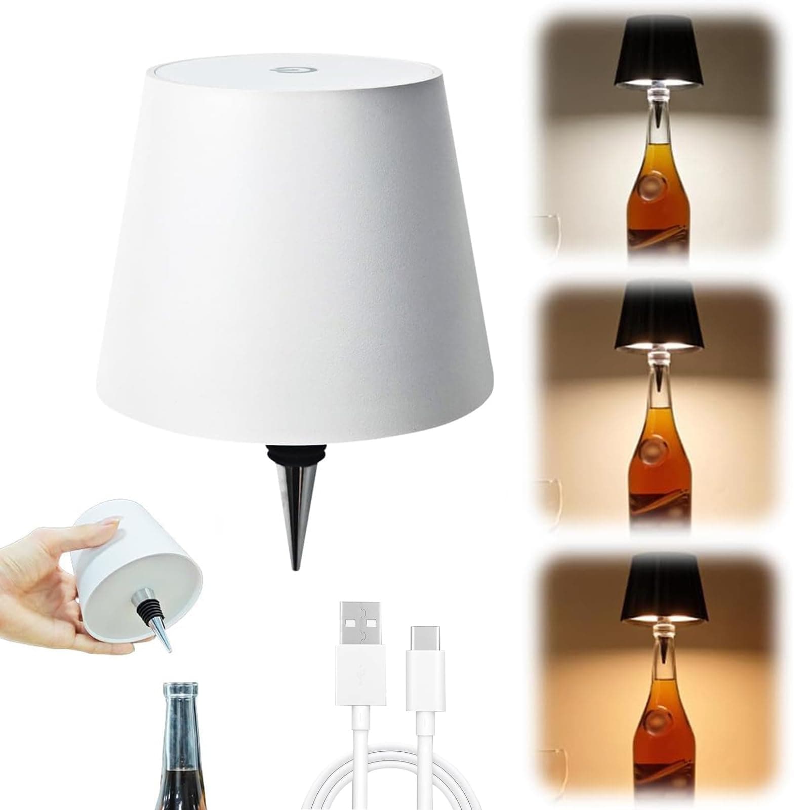 Zmiao Wireless Bottle Lamp, Portable LED Table Lamp with 3 Modes Light Dimming, Rechargeable Wine Bottle Light Head, Touch Control, White