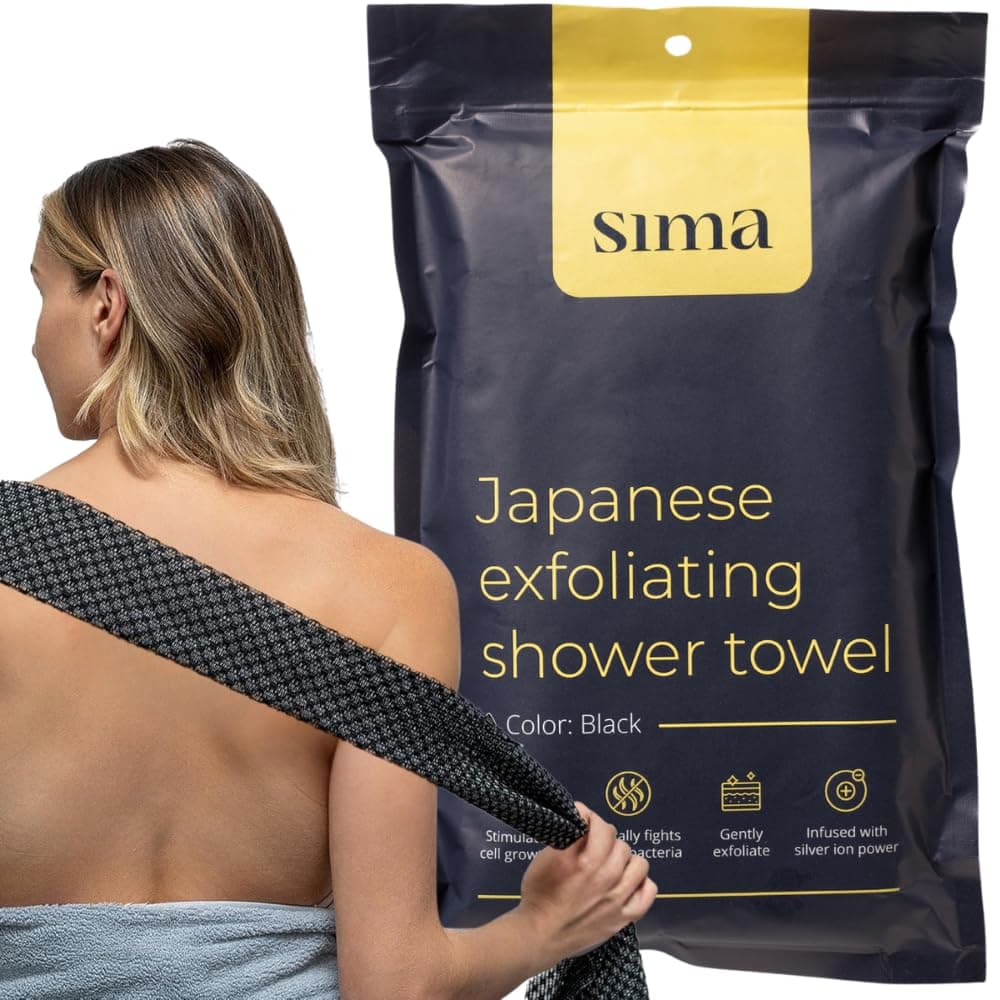 Exfoliating Washcloth Face & Body Scrub Towel - Japanese Exfoliating with Hexagon Fibers, Body Scrubber with 2 Sides for Scrubbing & Washing, Extra Long Towel (Black)