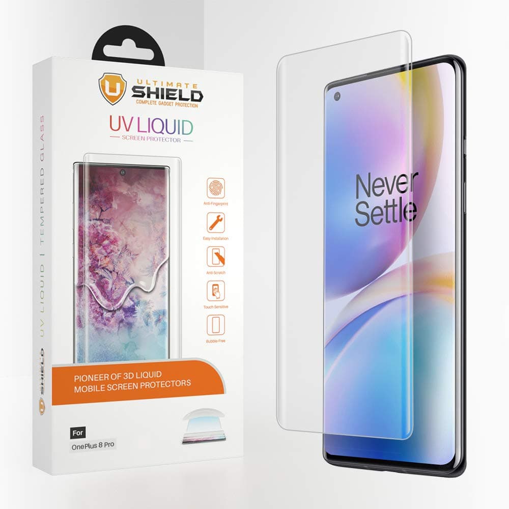 Ultimate Shield Liquid Glass for OnePlus 8 Pro [2 Pack] [Premium 3D Curved Tempered Glass Screen Protector] [Full Adhesive] [9H Hardness] [Scratch Resistant] [Crystal Clear]