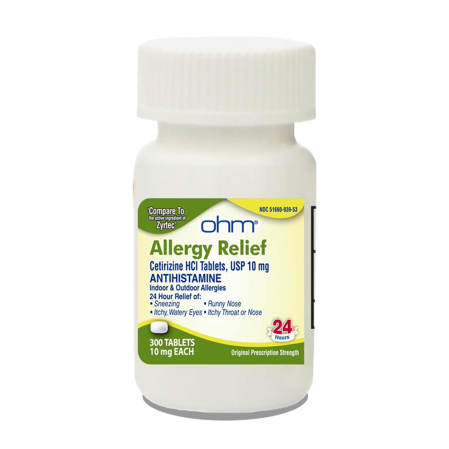 Ohm 24-Hour Antihistamine Cetirizine HCl 10 mg Tablets, 300 Count – All-Day Allergy Relief for Itchy Eyes, Runny Nose, Hay Fever, Pollen, and Indoor & Outdoor Allergies