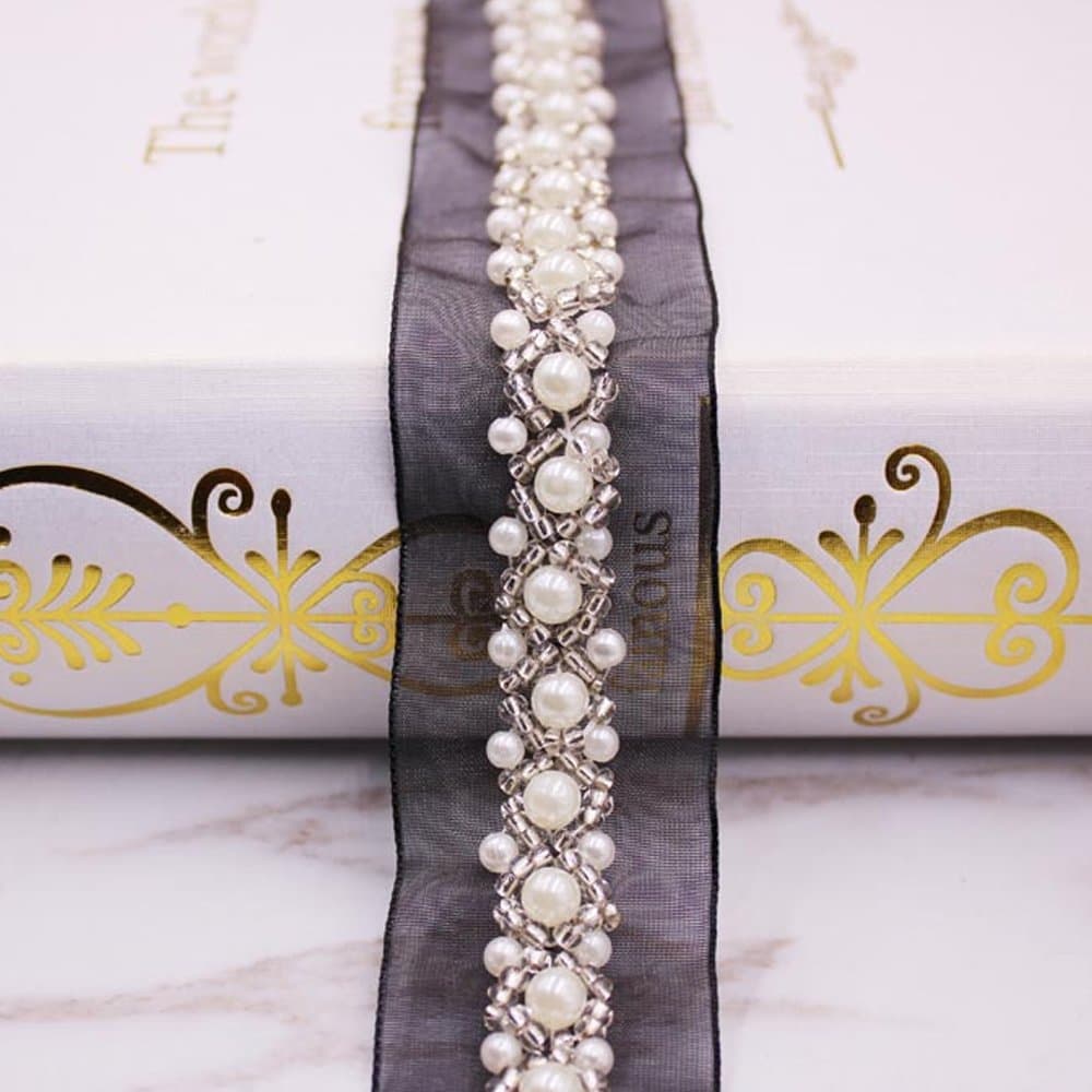 1 Yard Mess Pearl Beaded Applique Crystal Patches for Wedding Sash Bridal Belt DIY Sewing Decor