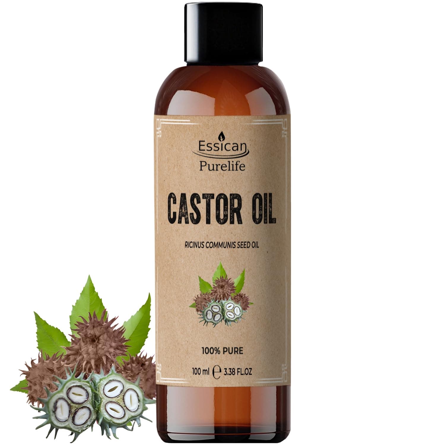 Essican Purelife Pure Castor Oil for Eyelashes 100ml, Fresh & Cold Pressed Castor Oil for Hair Growth, Skin Hydration, Eyebrow Oils Enhancement - Ideal for Body, Beard & Nails, Cruelty-Free