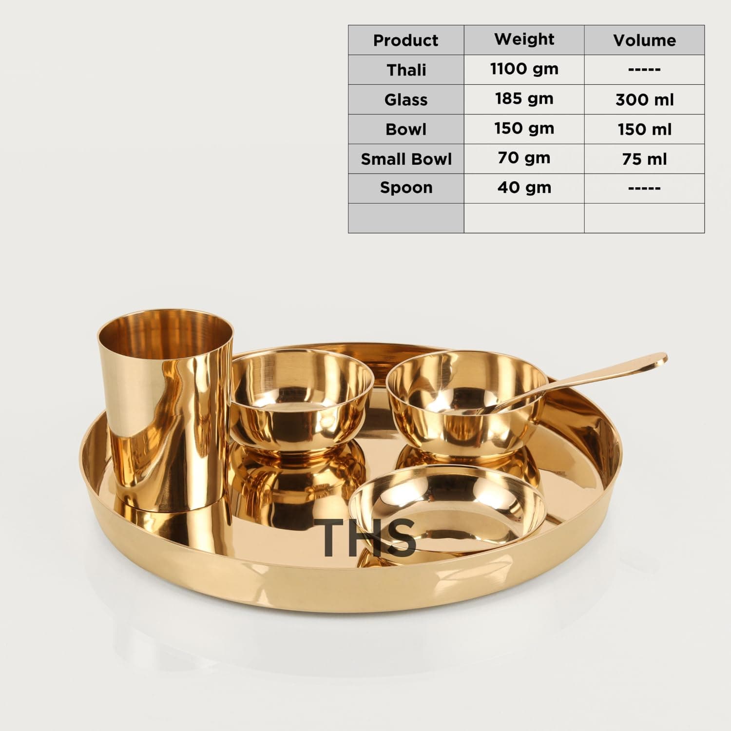 6-Piece Kansa Solid Dinner Set|Matte Finish|1 Plate (11.5" Thali),2 Bowls,1 Glass,1 Sweet Dish Plate,1 Spoon | Bronze Kansa Dinner Set 6 (Shine Polish)