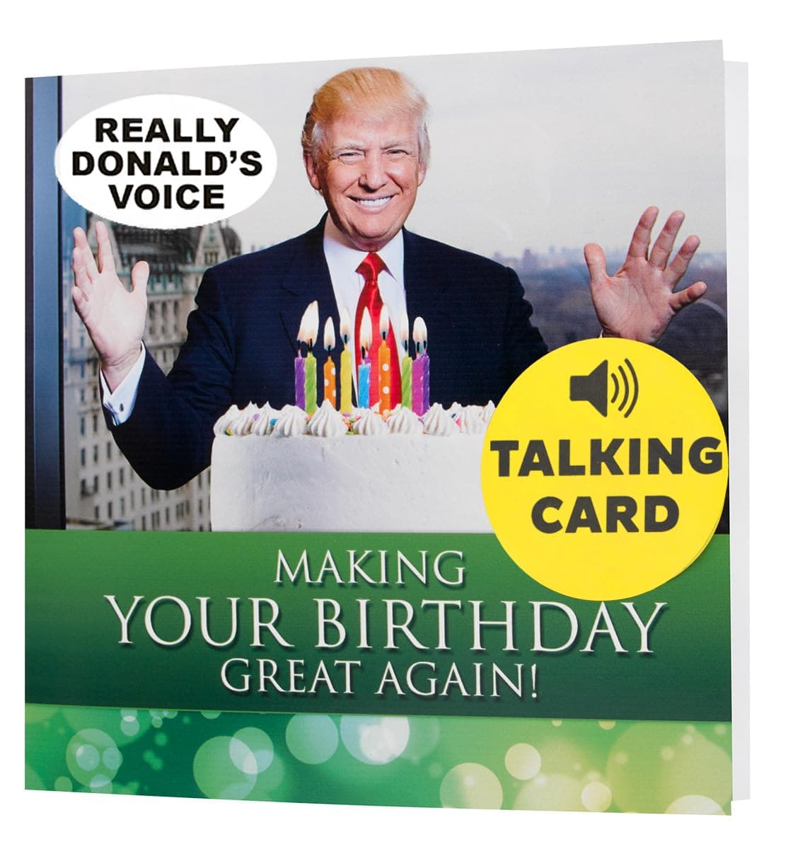 Talking Trump Birthday Card with Real Voice - Donald Trump Wishes You Happy Birthday & Says "You're Hired" - Funny Trump Card Political Gag Gift Greeting for Him, Her, Men & Women (Green)