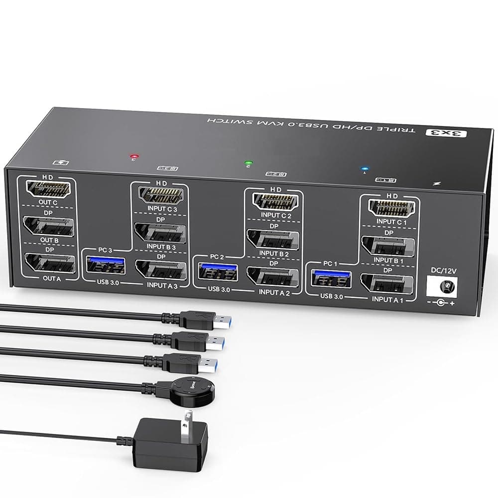 Morelian KVM303DH Switcher HDMI-Compatible KVM 3 in 3 out 8K@60Hz, 4K@144Hz Triple Monitor USB 3.0 HDMI-Compatible+DP Switcher For Keyboard, Mouse, U-Disk and Printer Compatible with Linux, Windows,