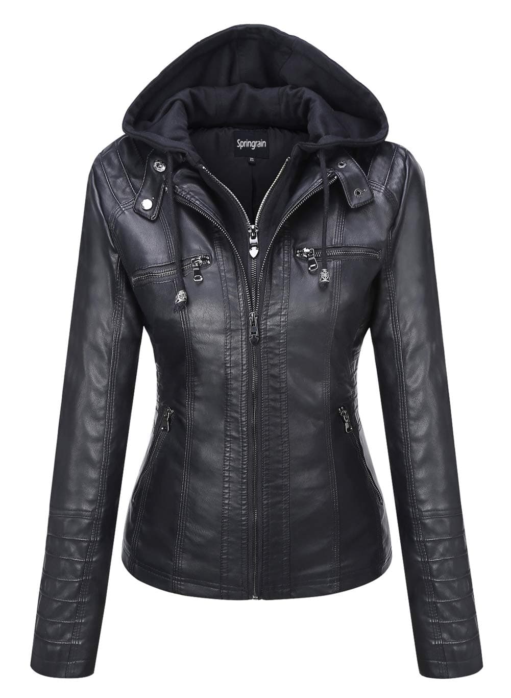 SpringrainWomen's Faux Leather Jacket Moto Biker Coat with Detachable Hood Motorcycle Jacket