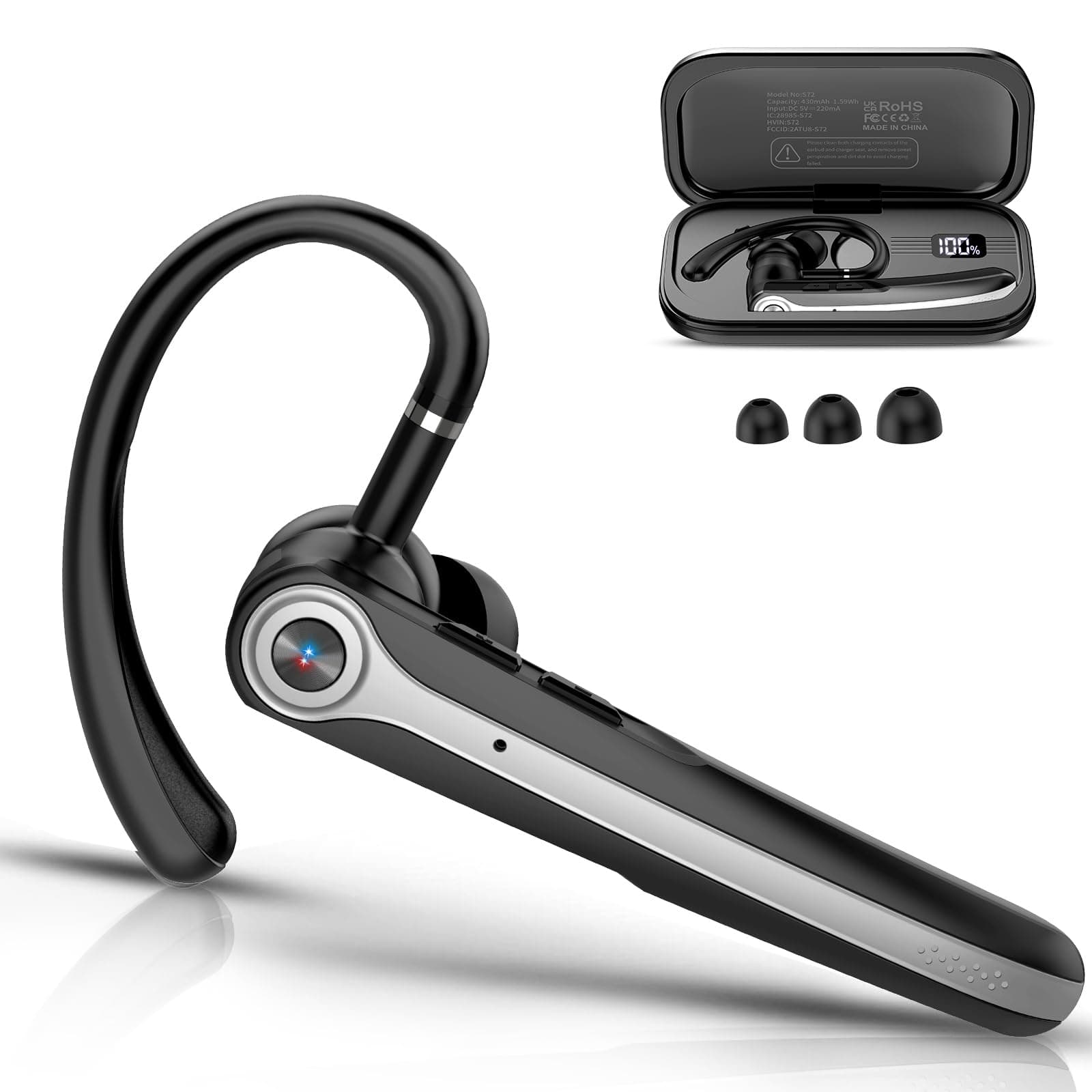 Bluetooth Headset, Wireless Bluetooth Earpiece with ENC Noise Canceling Mic, 120Hrs Talk Single-Ear Headphones, LED Display, IPX7 Waterproof Hand-Free Earphone for Business/Trucker/Driver, Black
