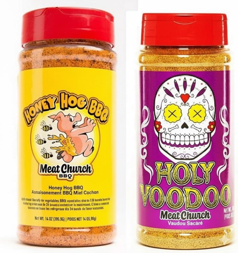 Meat Church BBQ Rub Combo: Honey Hog (14 oz) and Holy VooDoo (14 oz) BBQ Rub and Seasoning for Meat and Vegetables, Gluten Free, One Bottle of Each
