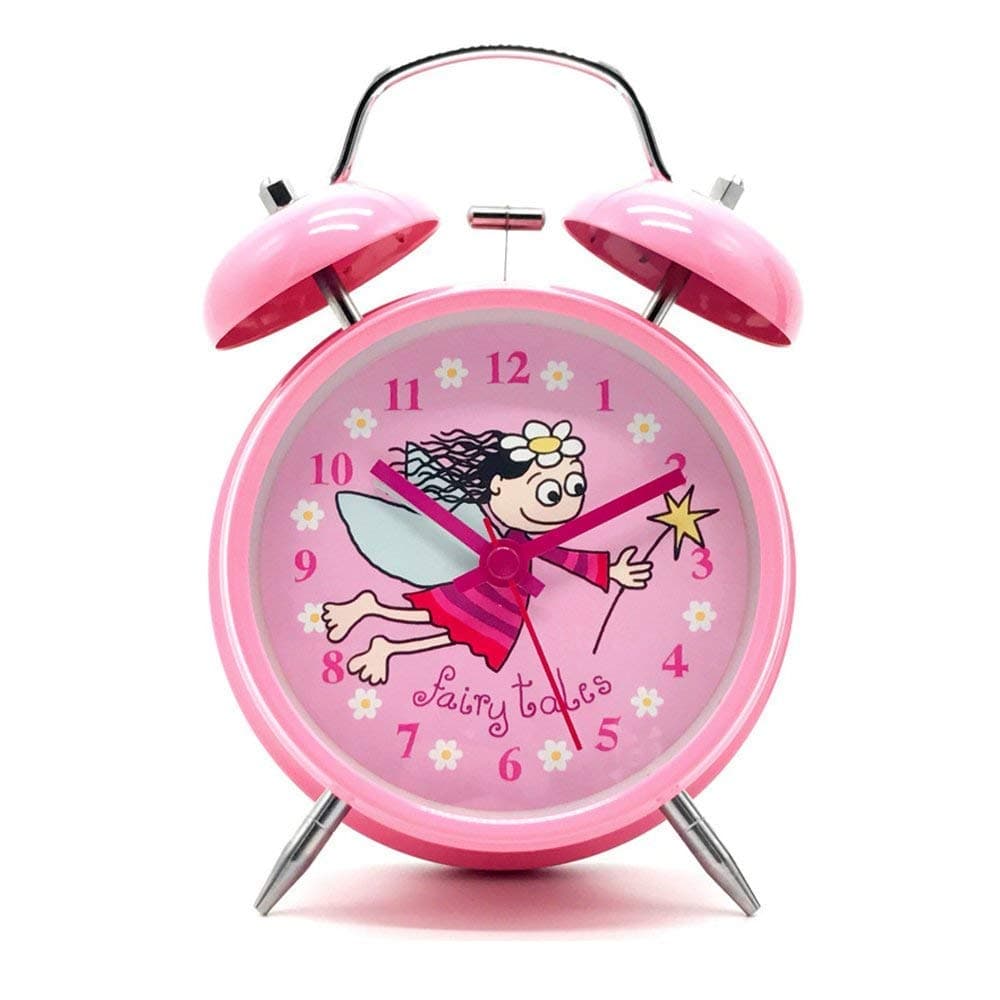 Cute Children's Alarm Clock 4" Twin Bell Wake Up Alarm Clock Nightlight Silent with Free Kids Toys (Pink)