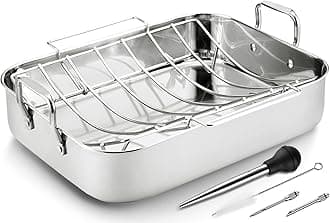 Roasting Pan with Baking Rack, 16.5 Inch Stainless Steel Turkey Roaster with Rack, Baster. Great for Turkey, Chicken, Ham, Vegetables