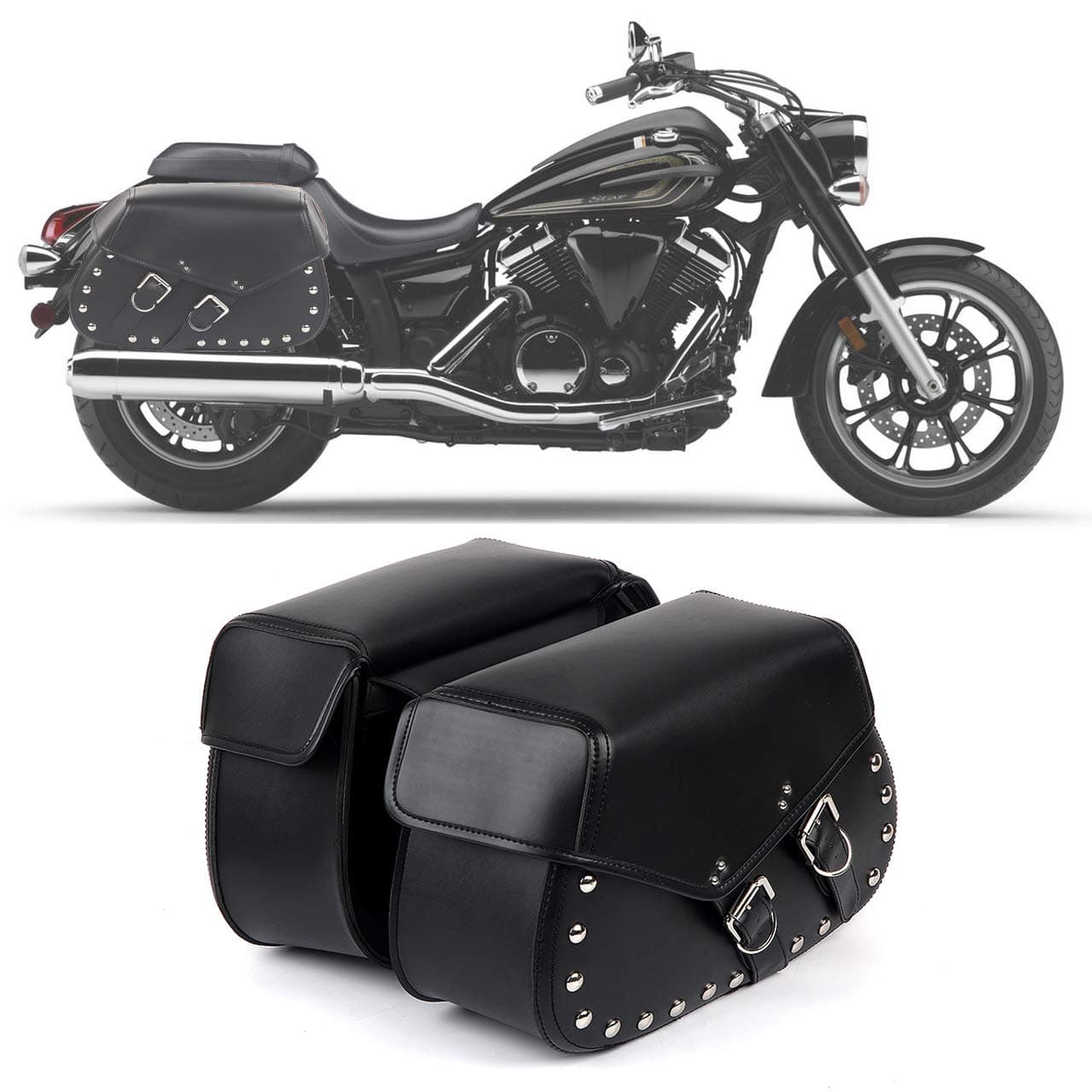 2Pcs Heavy-duty Waterproof Motorcycle Saddlebags 2-Strap - Extra-Large PU Synthetic Leather Insulated Throw-Over Saddlebag Tool Bag | Side Bag | Handlebar Bag w/Quick Release