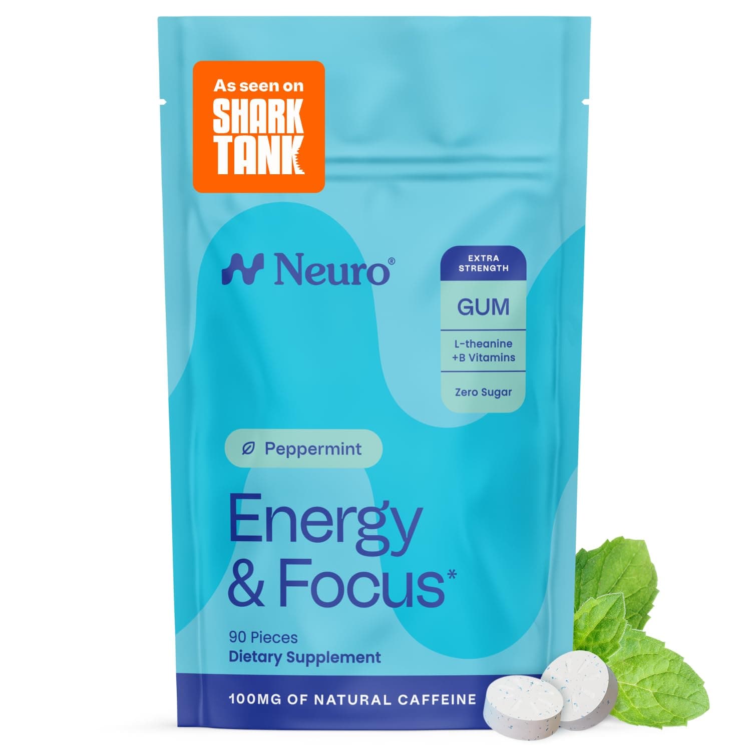 Neuro Energy & Focus Gum, Extra Strength - 100mg Natural Caffeine Gum & Nootropic Energy Supplement with L-Theanine & B Vitamins - Sugar Free, Vegan - Peppermint, 90ct