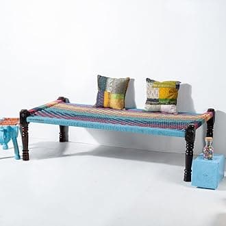 Solid Sheesham Wood Charpai Khat Bed | Wooden Khatiya Charpai Desi | Handcrafted Khatiya Bed with Cotton Rope | Strong Khat for Indoor & Outdoor Use | 6X3 Feet | 6 Line Weave, Multi