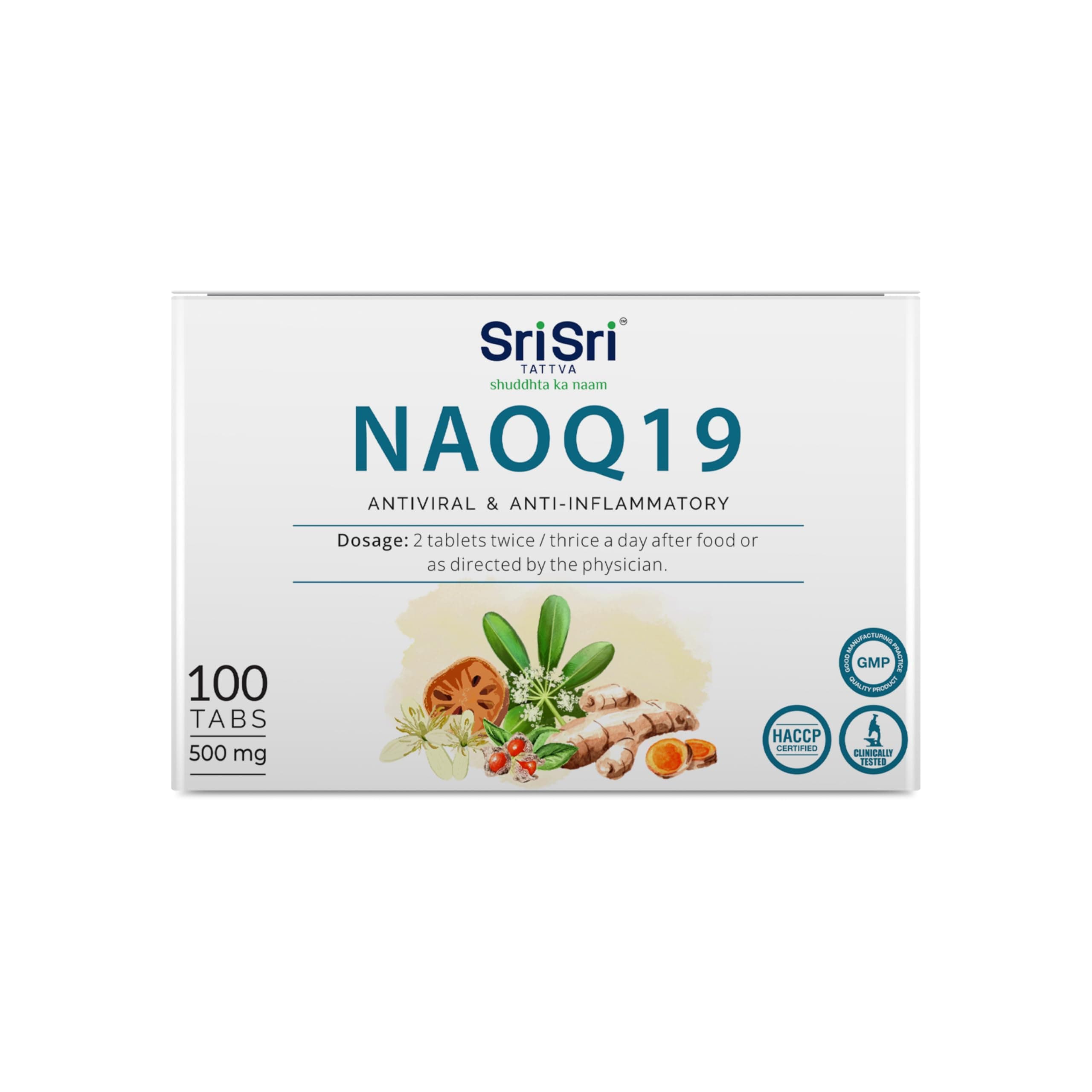 Sri Sri TATTVA Shuddhta ka Naam NAOQ19-Anti Viral|Immunity Booster|Treatment for Mild to Moderate Cases of viral Infection|Sore throat,Headache|200 Tabs|10 Strips x 10 Tabs 500mg (Pack of 2)