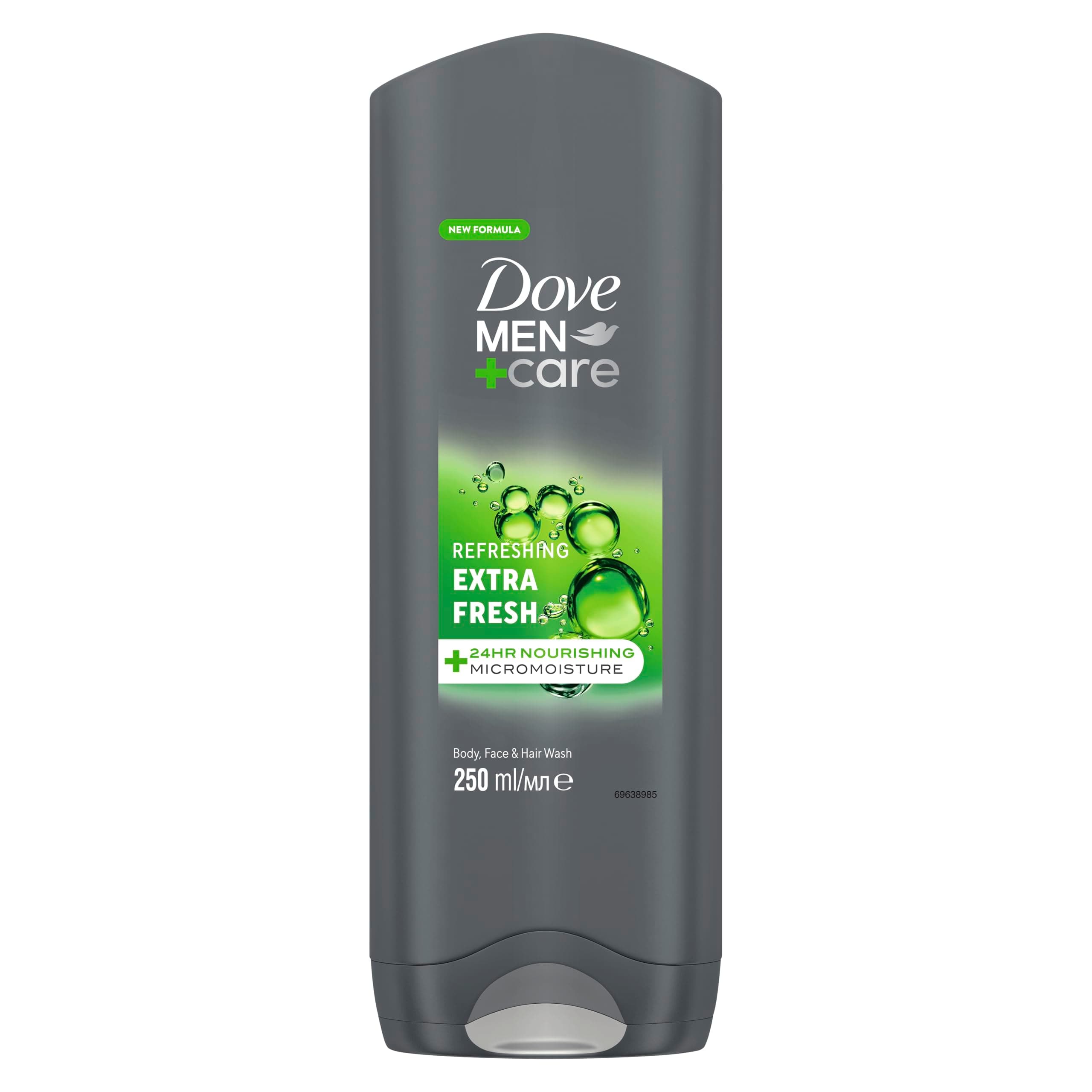 Dove Men+Care Refreshing Extra Fresh Men's 3-in-1 Hair, Face and Body Wash Body Cleanser shower gel with 24 hour nourishing MicroMoisture technology for healthy and smooth skin all day 250 ml