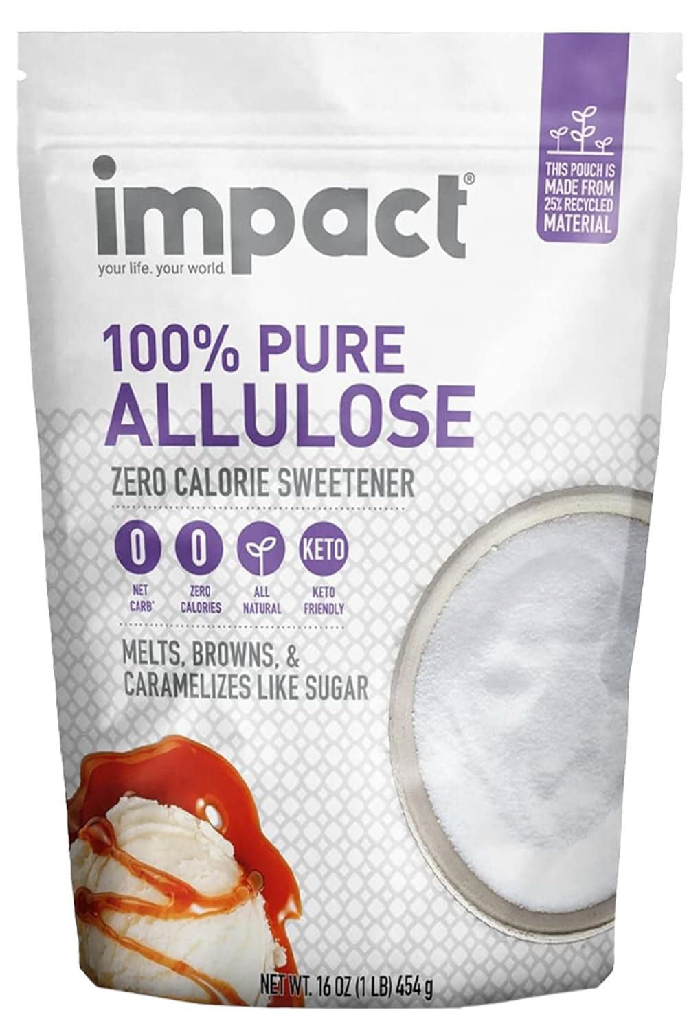 Impact - Pure Allulose Sweetener – Zero Calorie Blend, Keto Friendly Sugar Substitute - Ideal for Coffee, Drinks, Tea, Cooking, and Baking Guilt-Free Indulgence with Plastic-free Packaging - 1lb