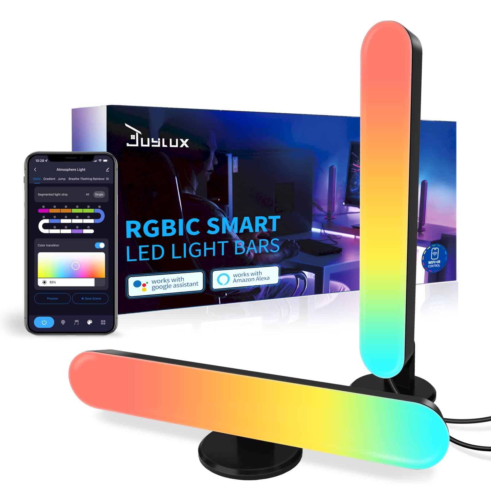 Juylux Smart LED Light Bars, Bright Gaming Lights with 10 Dynamic Modes and Music Sync Modes, Bluetooth APP & IR Remote, Timing, DIY Mood Lighting, Ambient Light Bars for Room, Gaming, TV, PC