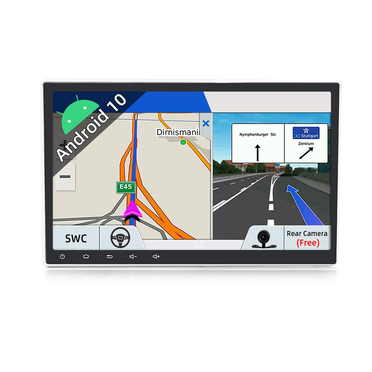 Android 9.0 Double Din Car Stereo Head Unit Radio/ 10.1 inch Octa Core 2G+32G/ Adjustable Viewing Angle/ Support Sat Nav Bluetooth GPS WIFI Steering Wheel 1080P Video (With DVD/CD)/ Free Backup Camera