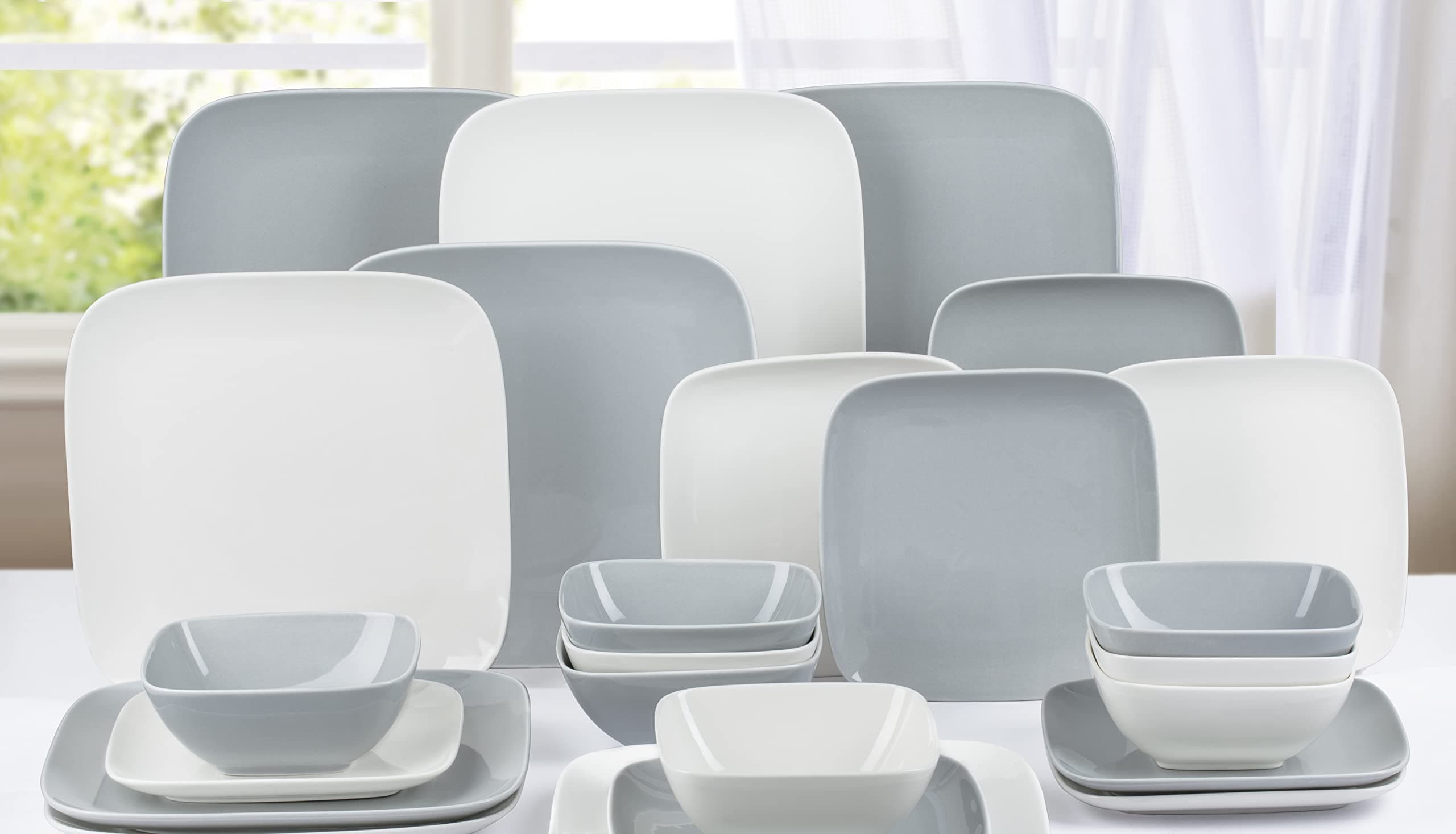 Waterside Fine China 24 Piece Hampton Square Dinner Set White/Grey