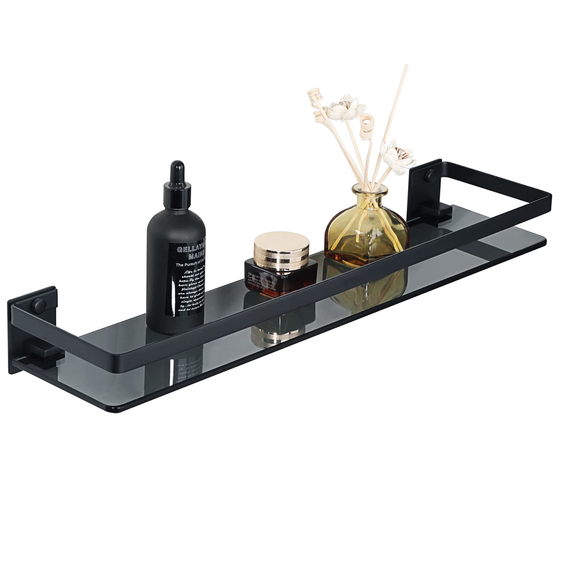 SAYAYO Bathroom Shelf Tempered Black Glass Shelf Wall Mounted with SUS304 Stainless Steel Rail, Shower Storage Shelves 20-Inch/ 50CM Length, EGDL1001-50-B