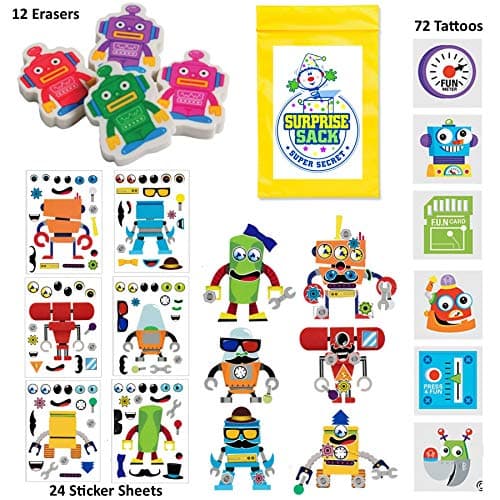 108 Pc Robot Birthday Party Favors for Kids Pack (Great for Goodie Bags For Kids Birthday, Return Gifts For Kids Birthday, Boys Party Favors, Robot Party Supplies, Robot Prizes & Robot Stocking Stuffers)