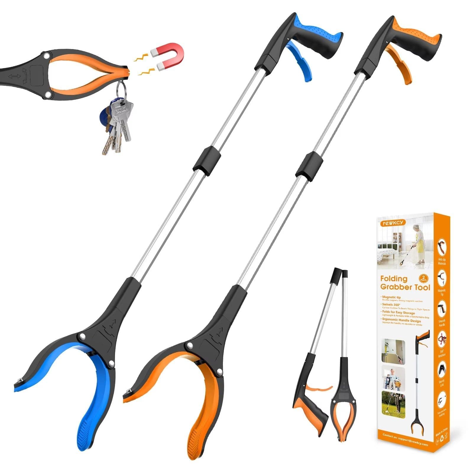32" Grabber Reacher Tool, 2-Pack Foldable Reacher Grabber Pickup Tool with 360° Rotating Jaw & Magnet, Trash Picker Upper Grabber, Lightweight Grabbers for Seniors Heavy Duty
