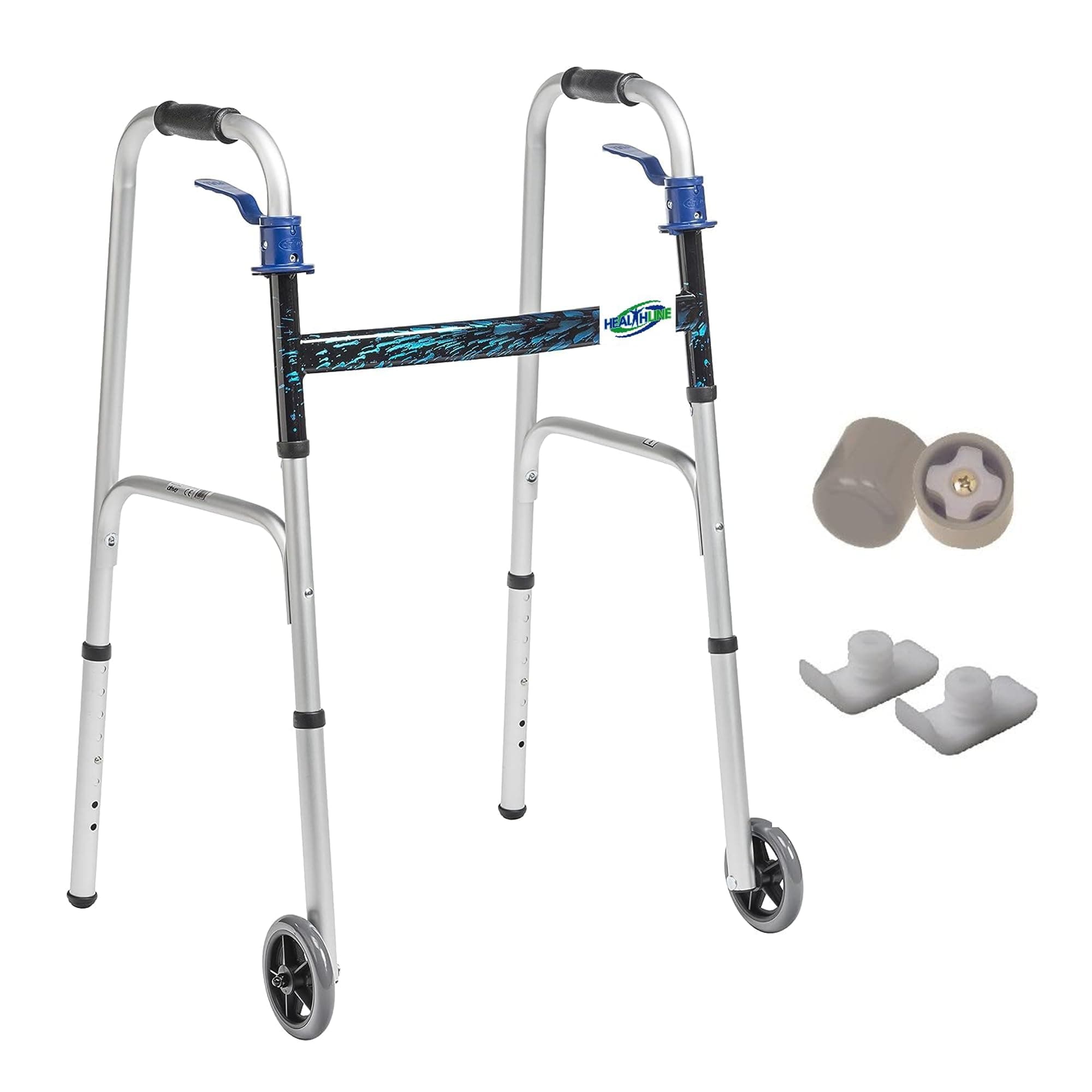 2 Wheel Walker for Seniors & Adults - Deluxe Lightweight Foldable Walker with Wheels 5" up to 350 lbs and Free 2 Pair of Rear Glides & Triggers (Blue)