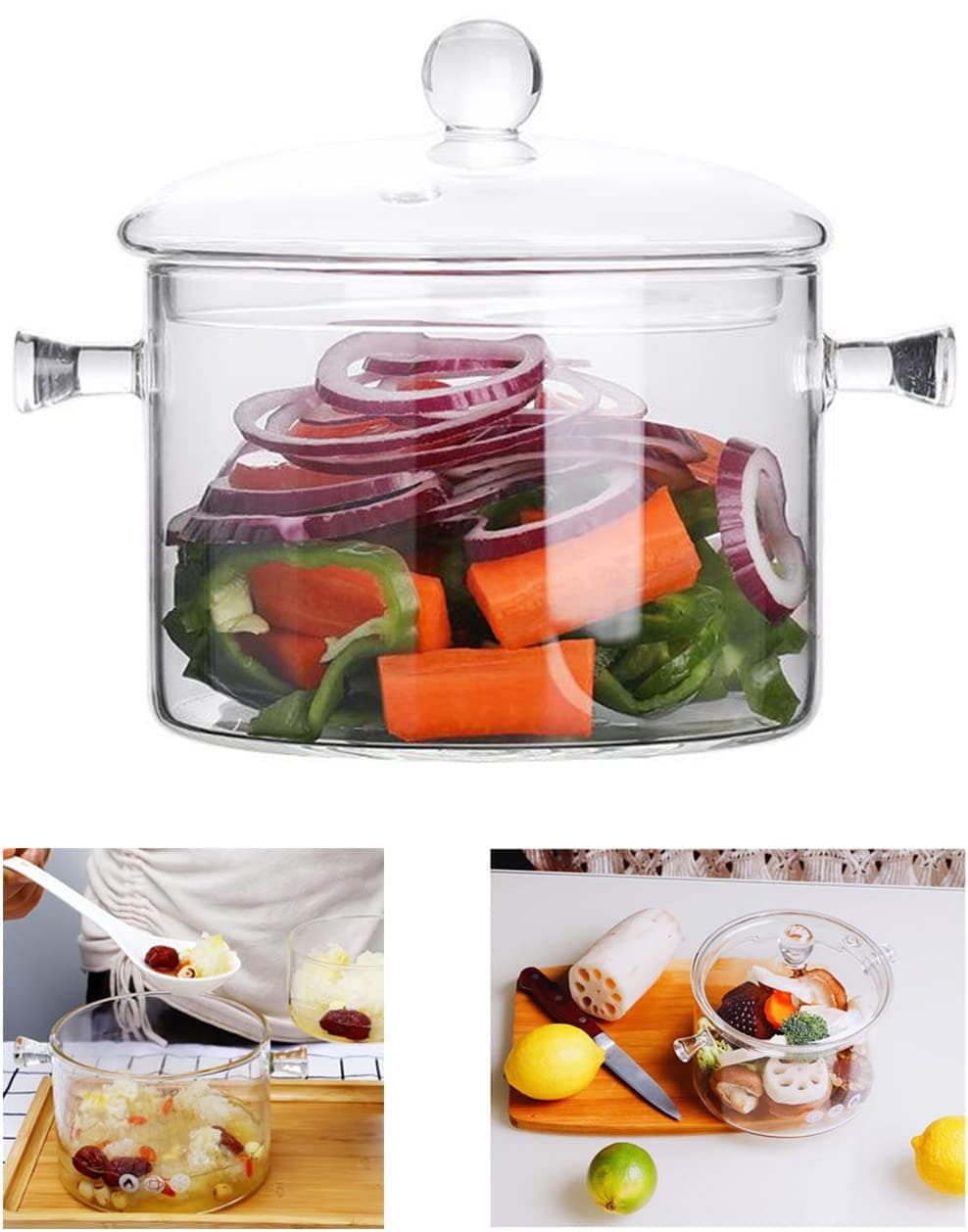 Glass Cooking Pot, 1.5L/50oz Heat Resistant Borosilicate Glass, Handmade Cookware Set, Safe for Stovetop Pots, Pasta Noodles, Soups, Milk and Tea