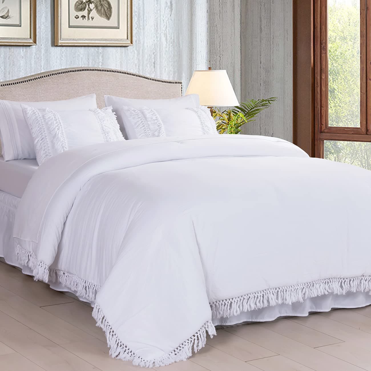 SexyTown- White Fringe Tassel King Size Comforter Set,3 Piece Girls Bohemian Bedding Comforter with Ultra Soft Microfiber Inner Fill Bedding