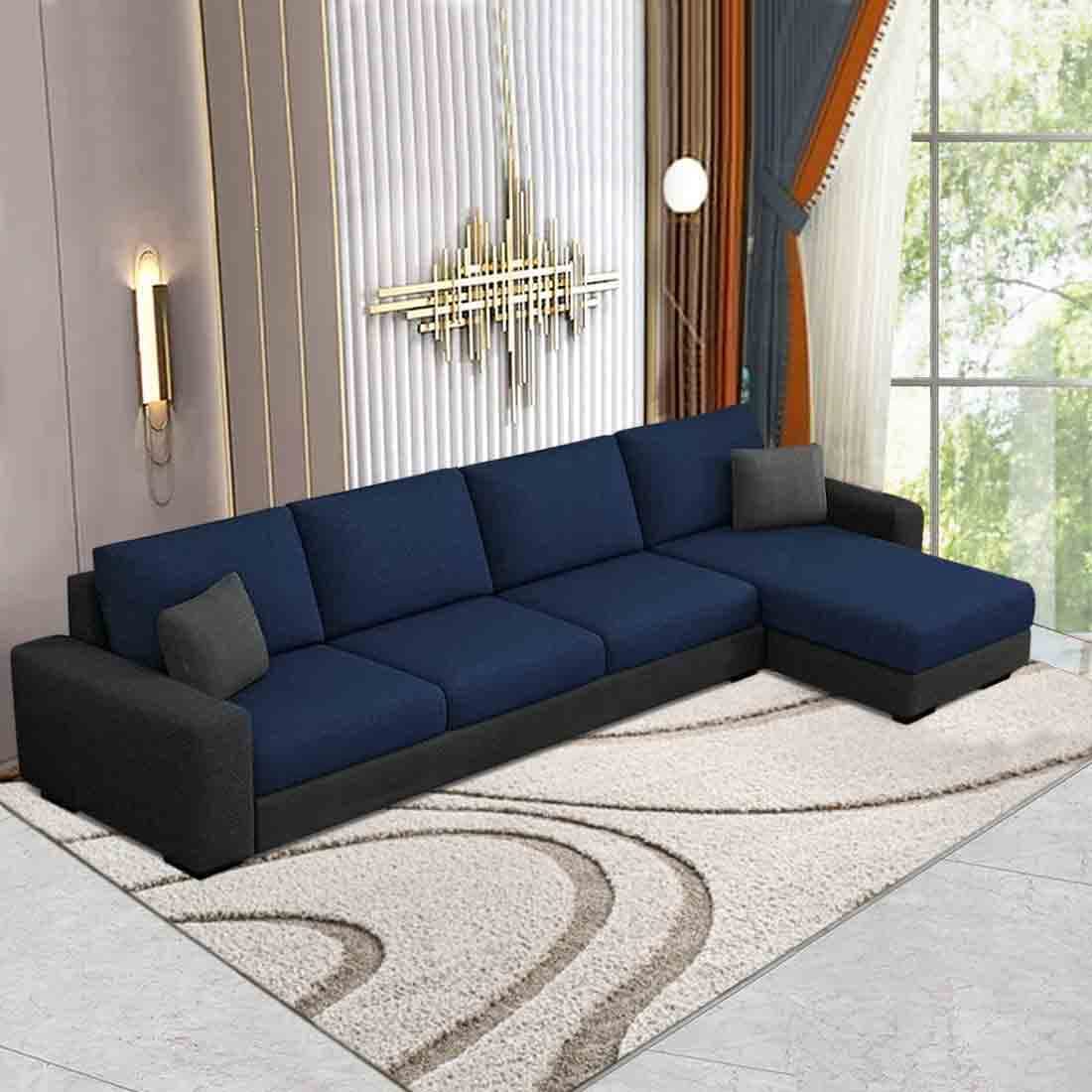 FURNY Arvon 5 Seater Fabric RHS L Shape Sofa Set (Blue-Dark Grey)