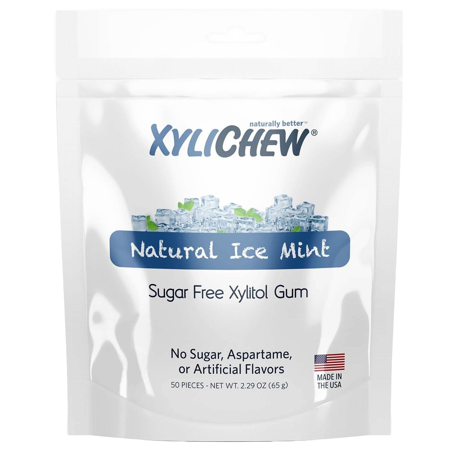 Xylichew Xylitol Gum - Chewing Gum Sugar Free, Aspartame Free, Gluten Free, Keto - Sugarless, Healthy, Natural Oral Care - Relieves Bad Breath and Dry Mouth - Ice Mint, 50 Count