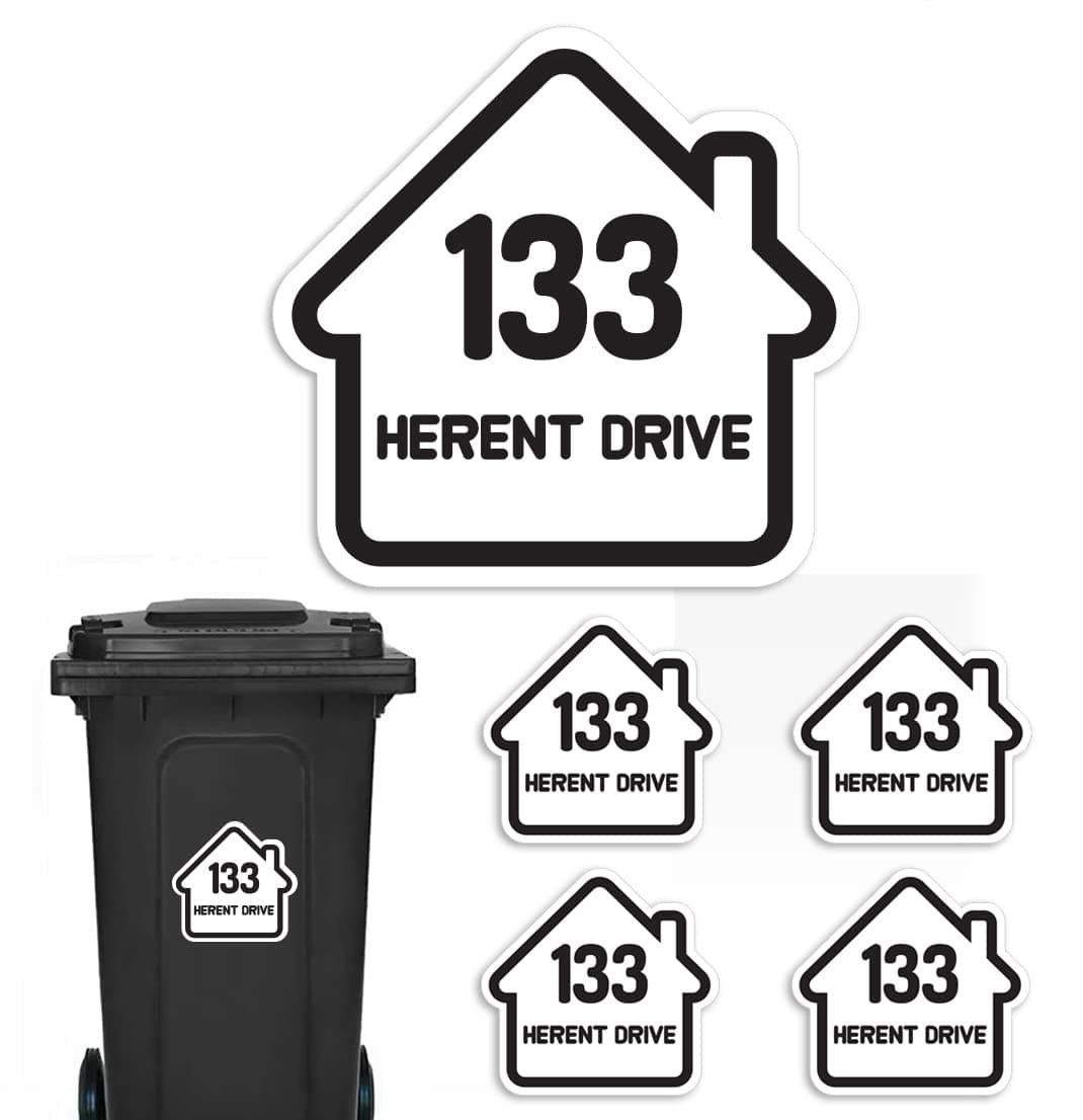 Personalised Bin Sticker Pack of 4 (140 x 150mm) Waterproof Multicolour Dustbin Sticker with House Design PBN11