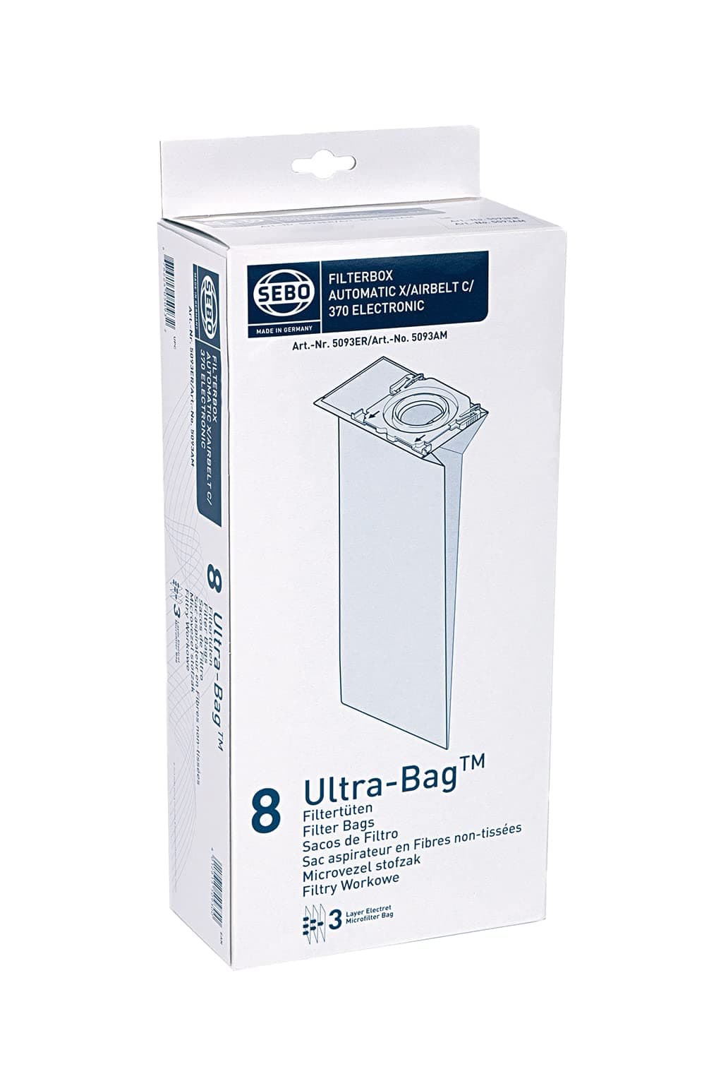 5093ER Filter Box for SEBO Automatic X/XP, Airbelt C, 370, G, 3 Ply with Hygiene Lid, 8 Ultra Bags, White